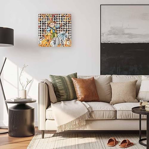 Miniatura 5 de Fall Scarecrow Wooden Wall Clock Silent Non Ticking, Thanksgiving Pumpkin Black Checkered Square Wall Clock Battery Operated, Decor Clock for Home