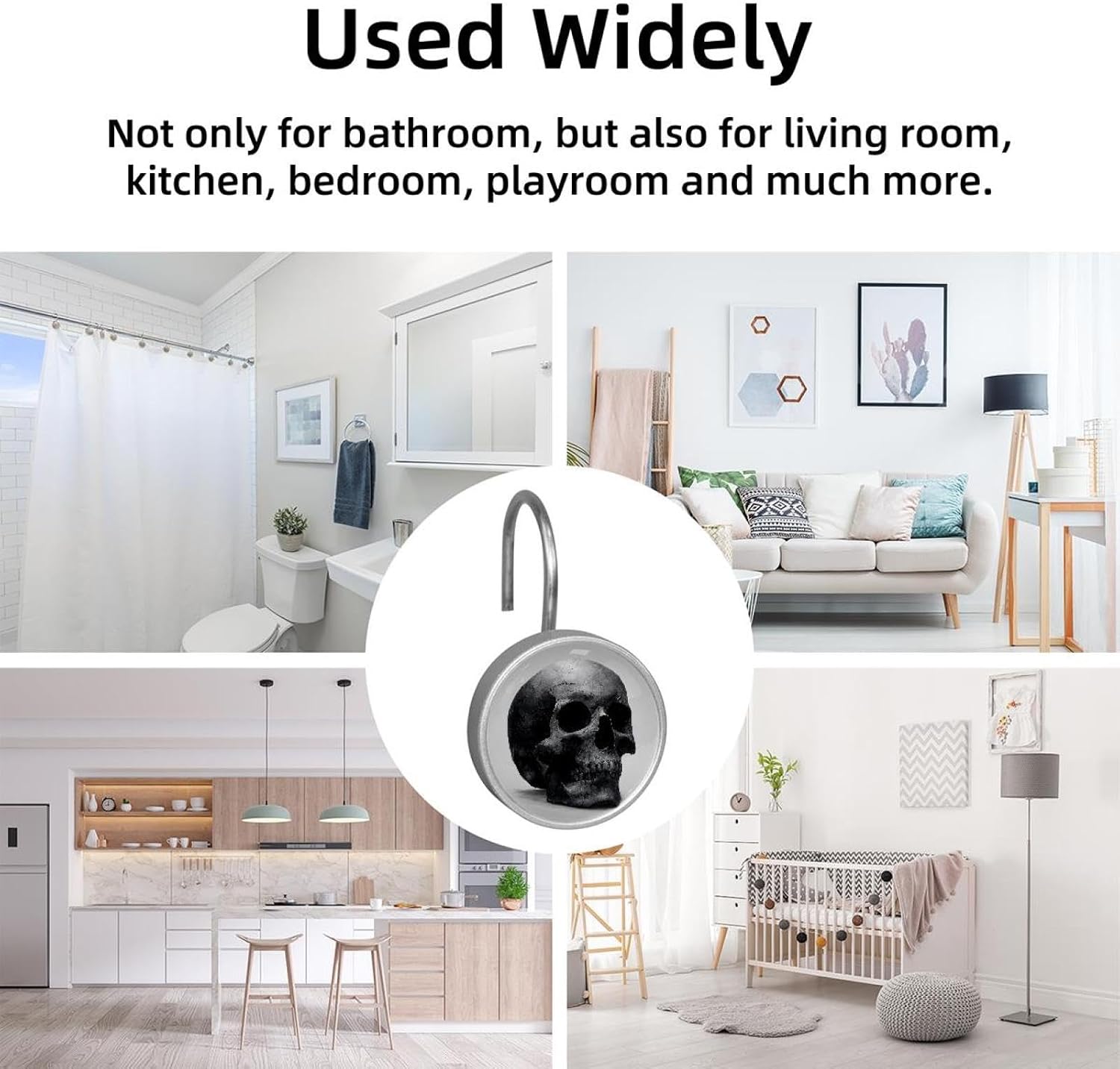 Set of 12 Shower Curtain Hooks, Shower Curtain Rings Crystal Glass Decorative Bathroom Hook, Skull, Black Grey (2)
