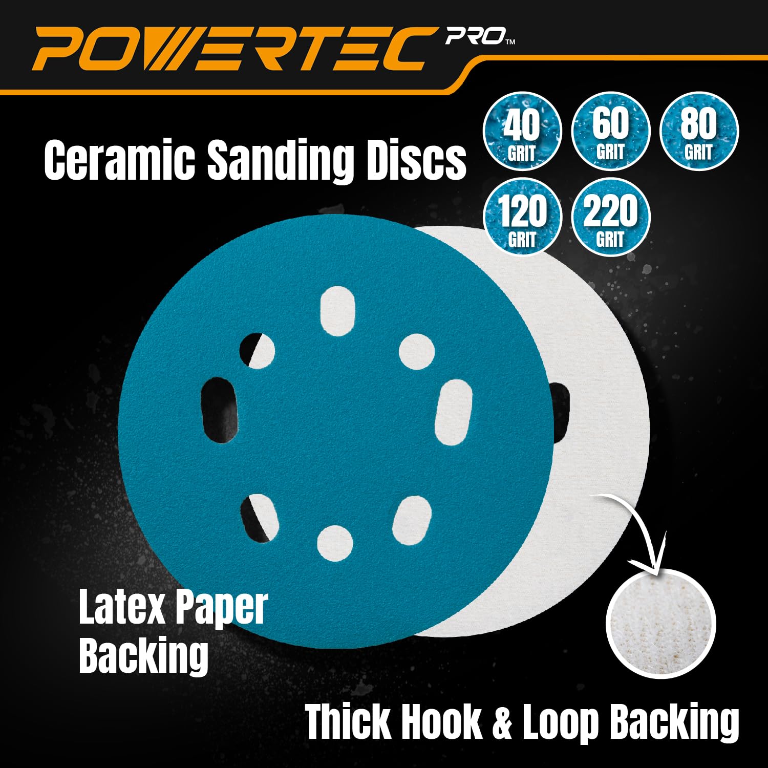 POWERTEC PRO 50PK, 5 Inch Sanding Discs Hook and Loop, 40/60/80/120/220 Grit, Ceramic Orbital Sander Sandpaper for 5 & 8 Hole Random Orbital Sanders - Automotive, Paint, Metal, Woodworking (45300C-50)