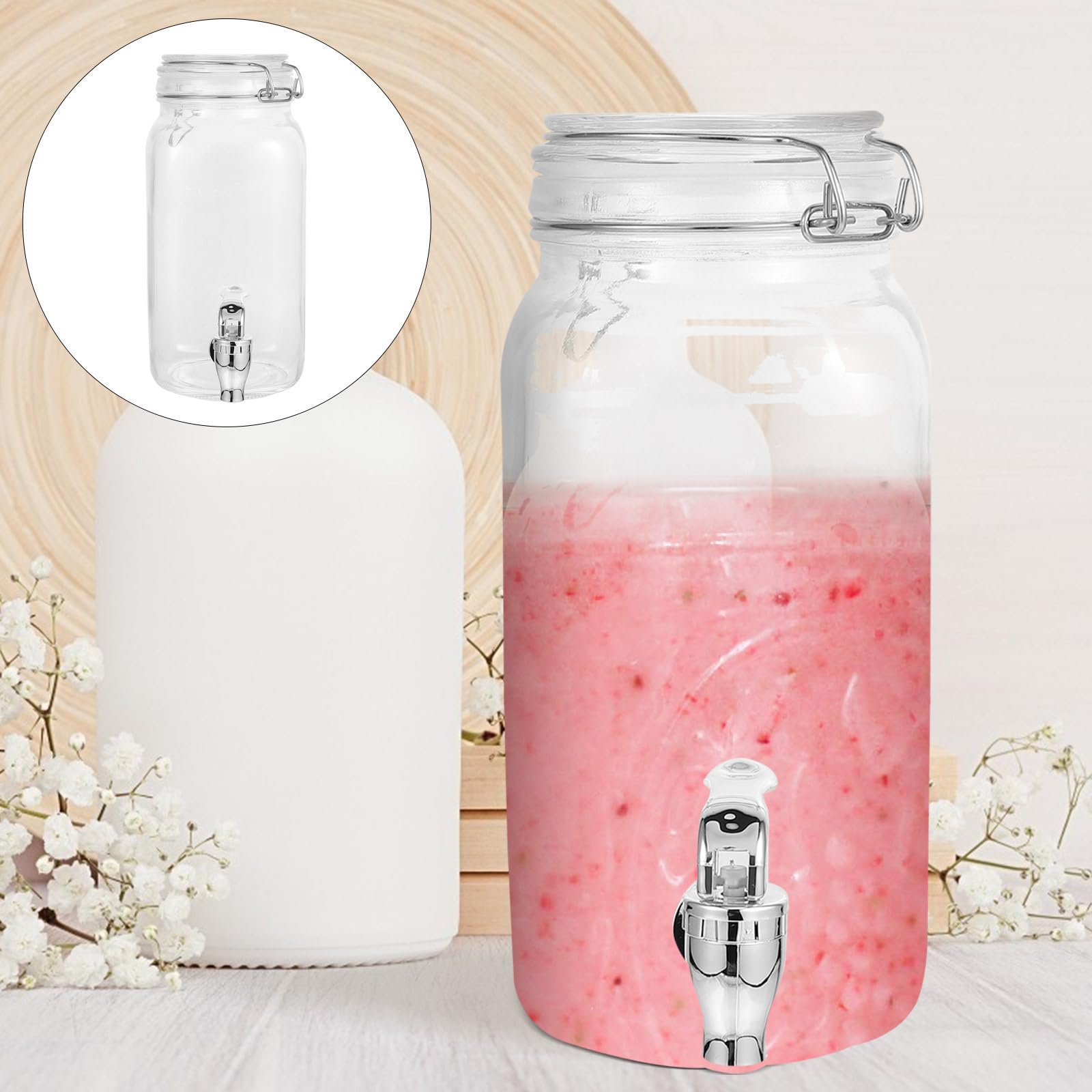 Ciieeo Glasbehälter Getränkespender mit Wasserhahn 2 L für Saft und Wein Party und Küche Klar