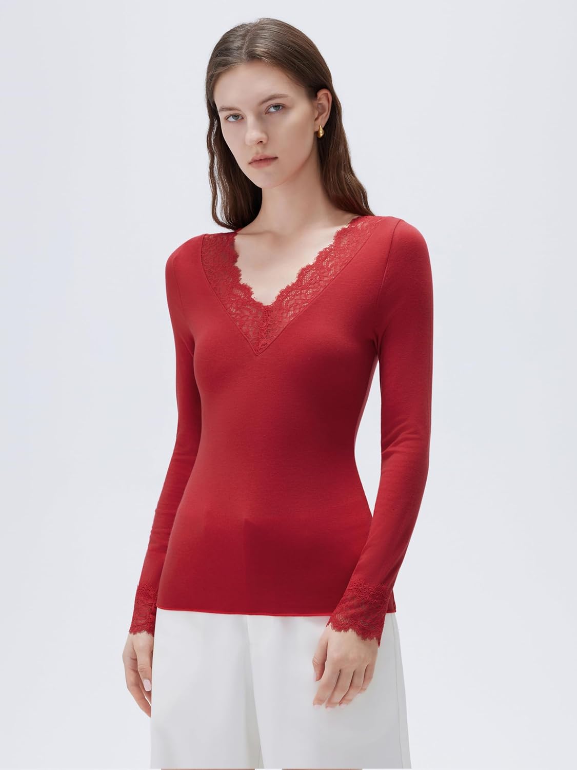 SUUKSESS Cloud Cashmere Women Basic Tops V Neck Boat Neck Lace Long Sleeve Shirt - Image 2