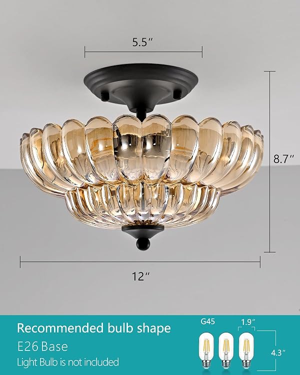 Rjieoc Black Semi Flush Mount Ceiling Light with Amber Glass Shades, 3-Light Modern Farmhouse Chandelier for Kitchen, Bathroom, Hallway, and Entryway by Rjieoc - Image 4