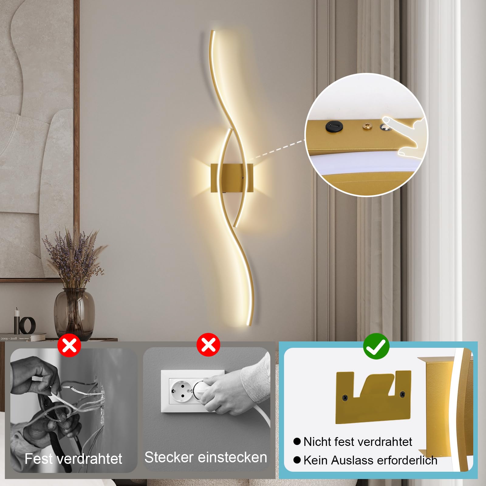 2 Stück LED Wandleuchte Innen mit Akku und Fernbedienung, Modern Wandlampe mit Dimmbar&Timing-Funktionen, Kabellose Wandleuchte für Wohnzimmer Schlafzimmer Flur Treppen