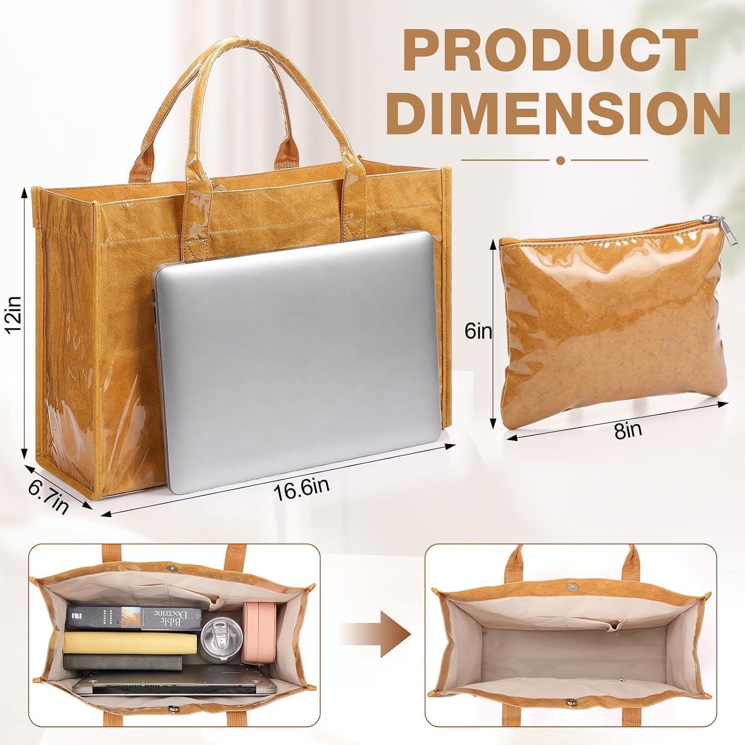 Tudomro PVC Tote Bag for Women Kraft Paper Letters Print Tote Bags with Pouch Large Handbag with Top Handle for Work Travel