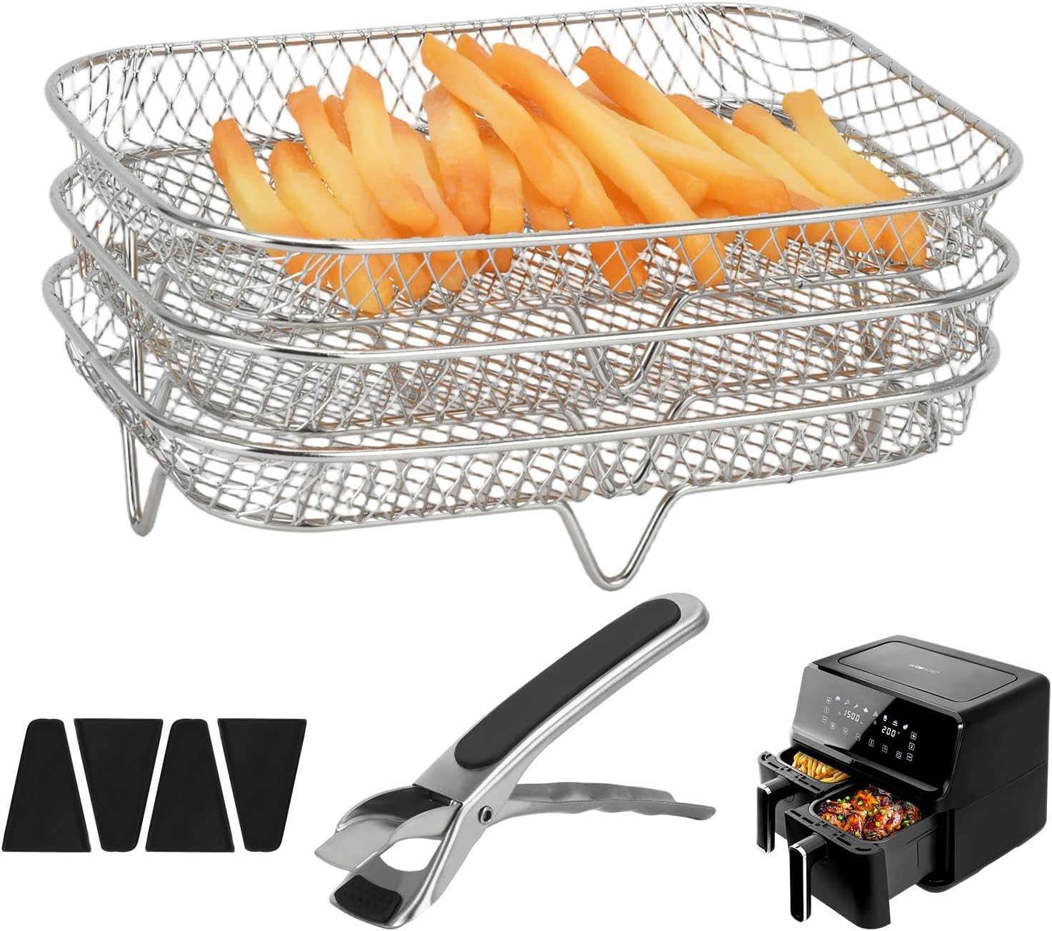 3pcs Rectangle Air Fryer Racks, Stainless Steel Air Fryer Rack for Ninja Dual Airfryer Stackable Air Fryer Basket with Silicone Feet & Clip Air Fryer Accessories for Air Fryer, Oven (Rectangle)