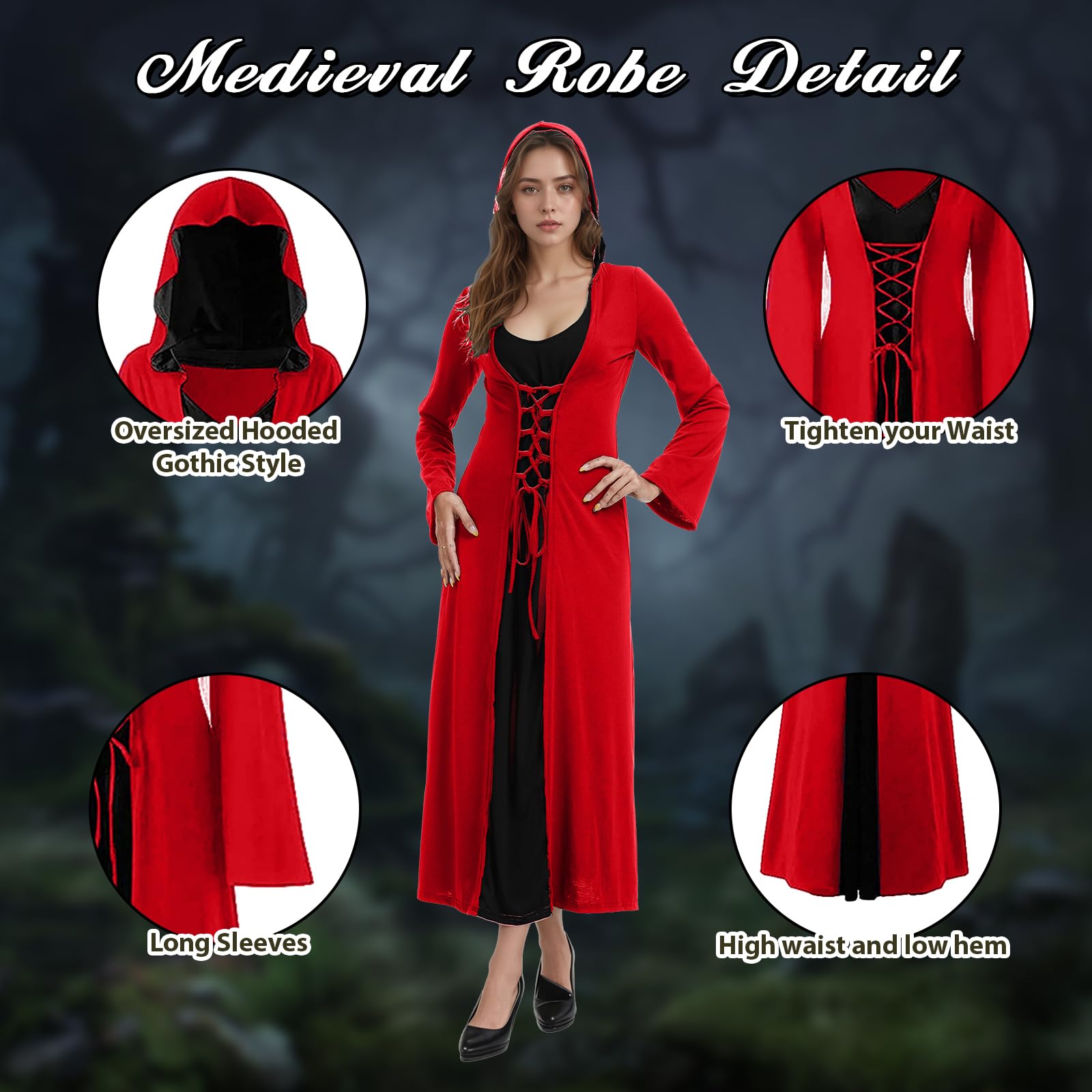 Damski kostium na Halloween, dla dorosłych, średniowieczny, z kapturem, sukienka maxi dla kobiet, modna szata Cosplay (M, czerwona i czarna)