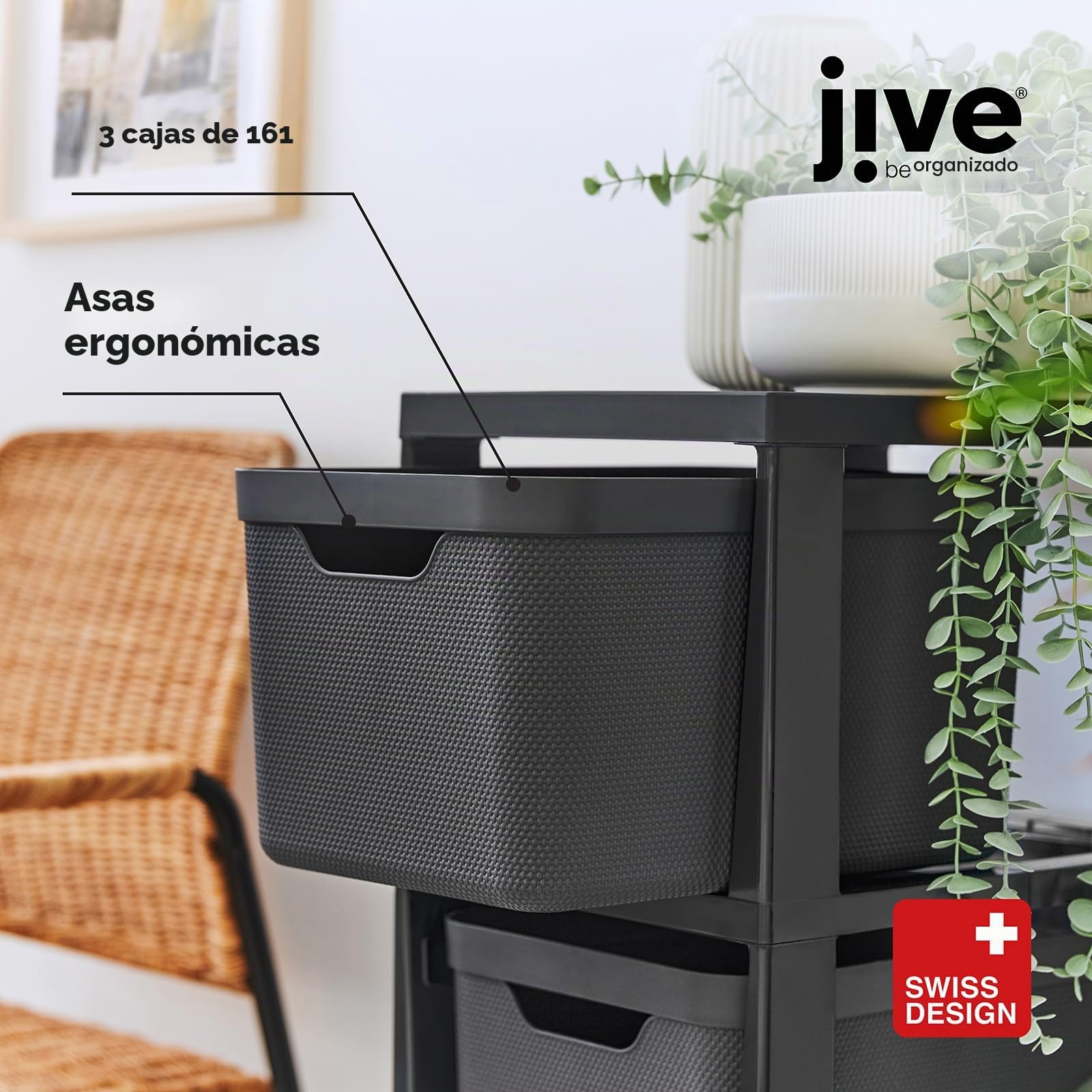 Rotho Jive Cajonera móvil con 3 cajones, 3 x 16l (37.9 x 30.4 x 32.9 cm) | Torre de almacenaje de plástico PP sin BPA con 4 ruedas giratorias para baño y cocina, diseño elegante en antracita y blanco