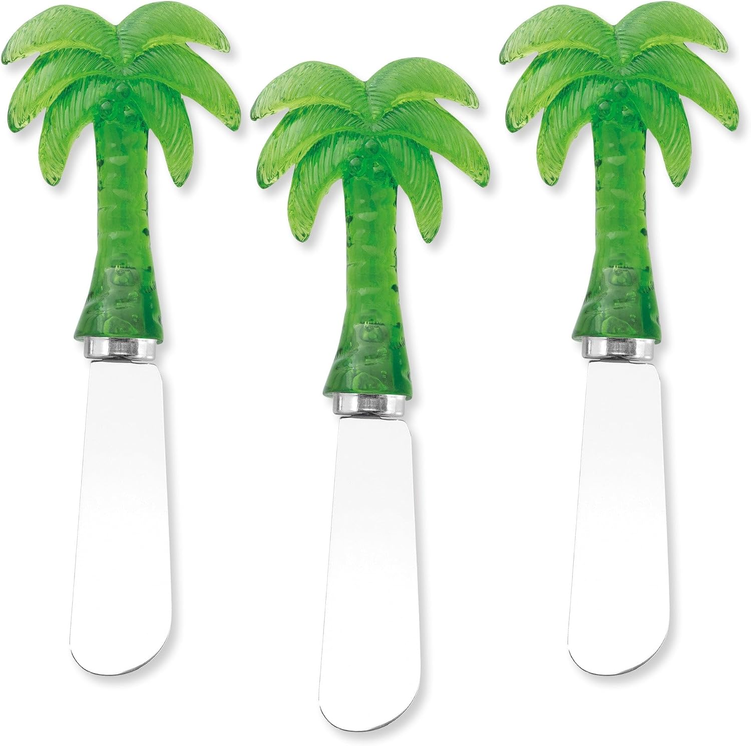 Supreme Housewares Palm Tree Resin Cheese Spreader Set of 3, Stainless Steel Appetizer Tools with Translucent Green Resin Handles, Tropical Theme Butter Spreaders