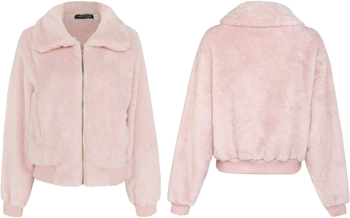 FANCYINN Womens Teddy Cropped Faux Fur Jacket Furry Lapel Coat Zip Up With Pockets Warm Winter