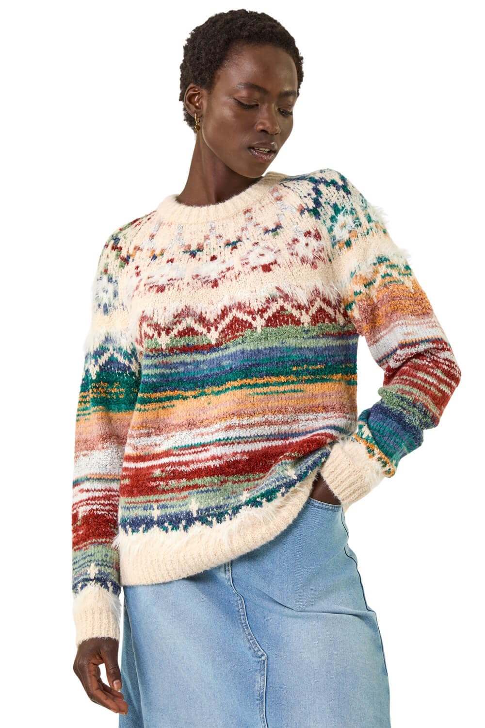 Roman Originals Women's Fairisle Ivory Roman Fairisle Jumper For Uk Stretchy Winter Autumn Sweater Casual Knit Knitwear Knitted Pullover Comfy Soft Thick Lightweight Dinner Party Office Work - Size 14