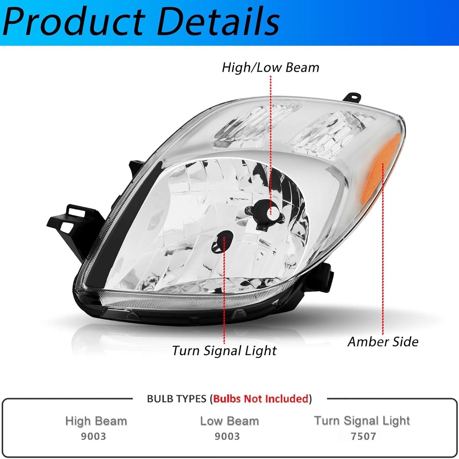 Headlights Assembly Pair for 2007 2008 Toyota Yaris Hatchback Headlamps Head Lights Replacement Driver and Passenger Side,Chrome Housing Amber Reflector