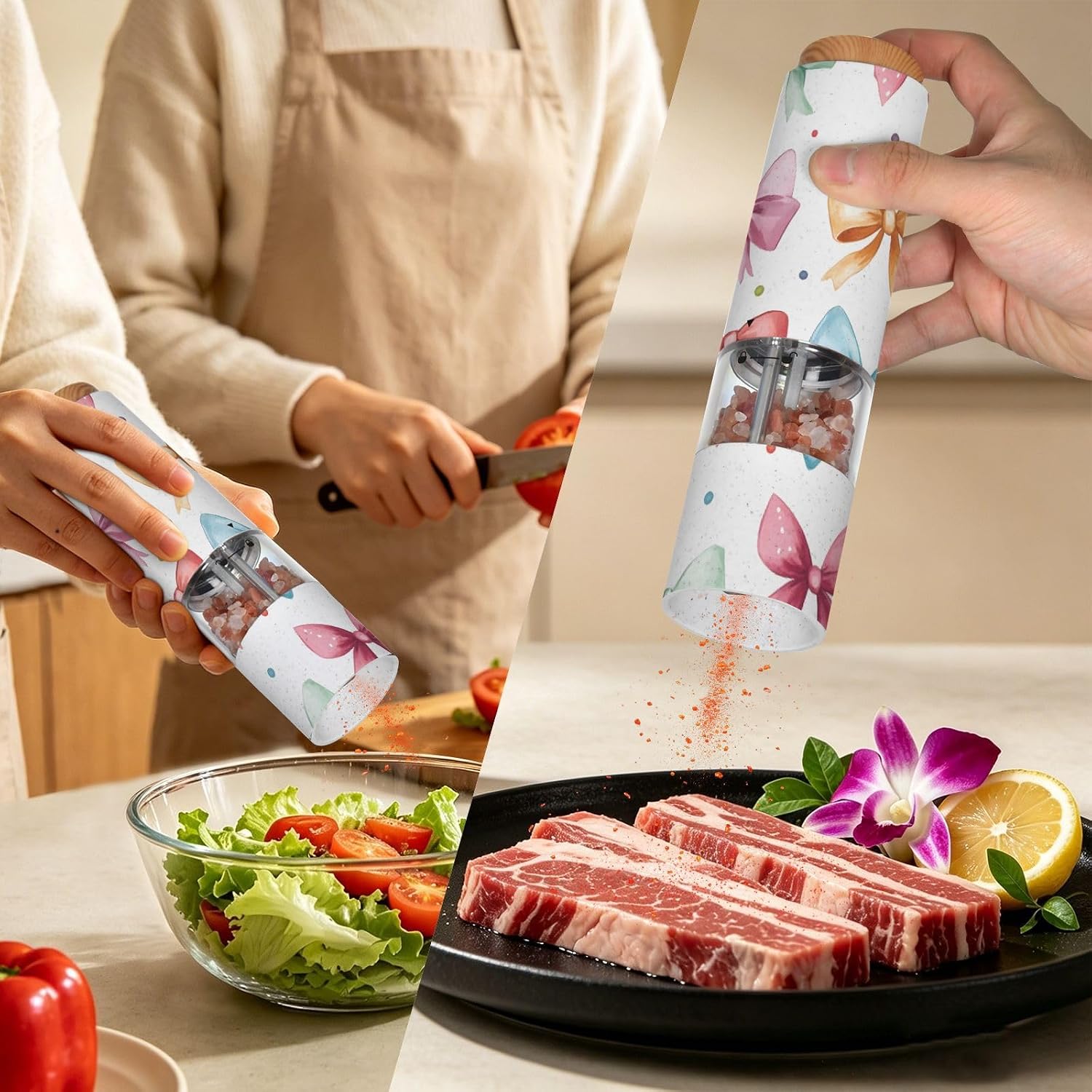 ALAZA Electric Pepper Grinder with Adjustable Coarseness, Bow Dot Pattern Blue Pink Yellow Battery Automatic Salt and Pepper Mill with Led, One-Handed Operation Spice Grinder for Kitchen, Camping & BB