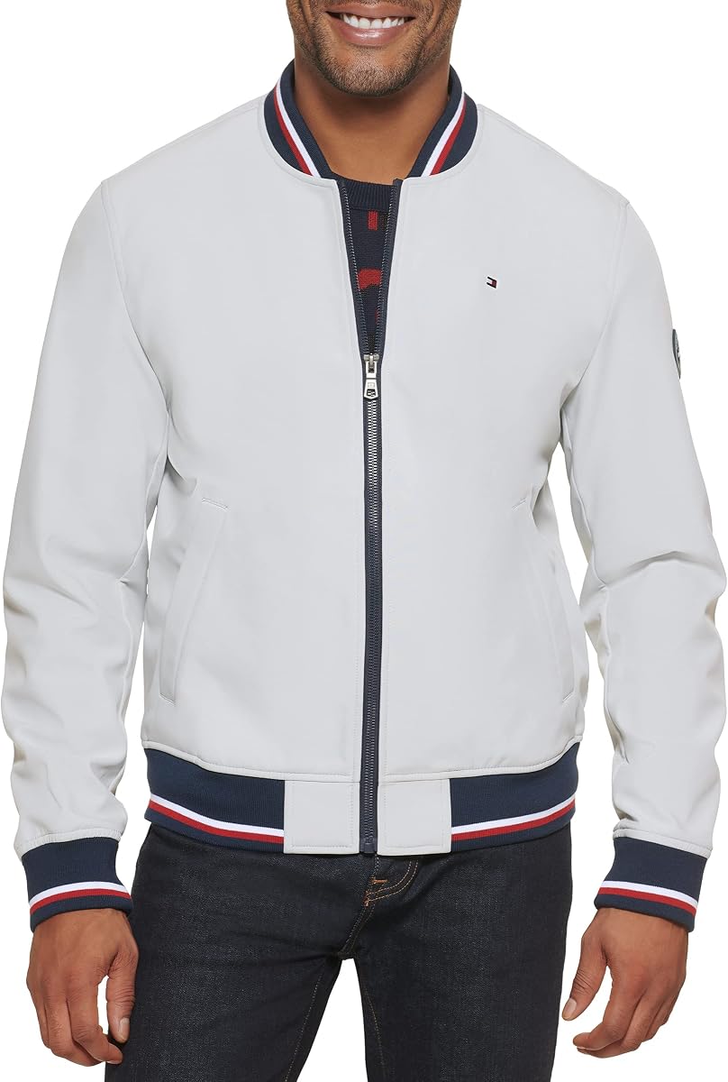 Tommy Hilfiger Chaqueta bomber ligera de punto acanalado universitario para hombre