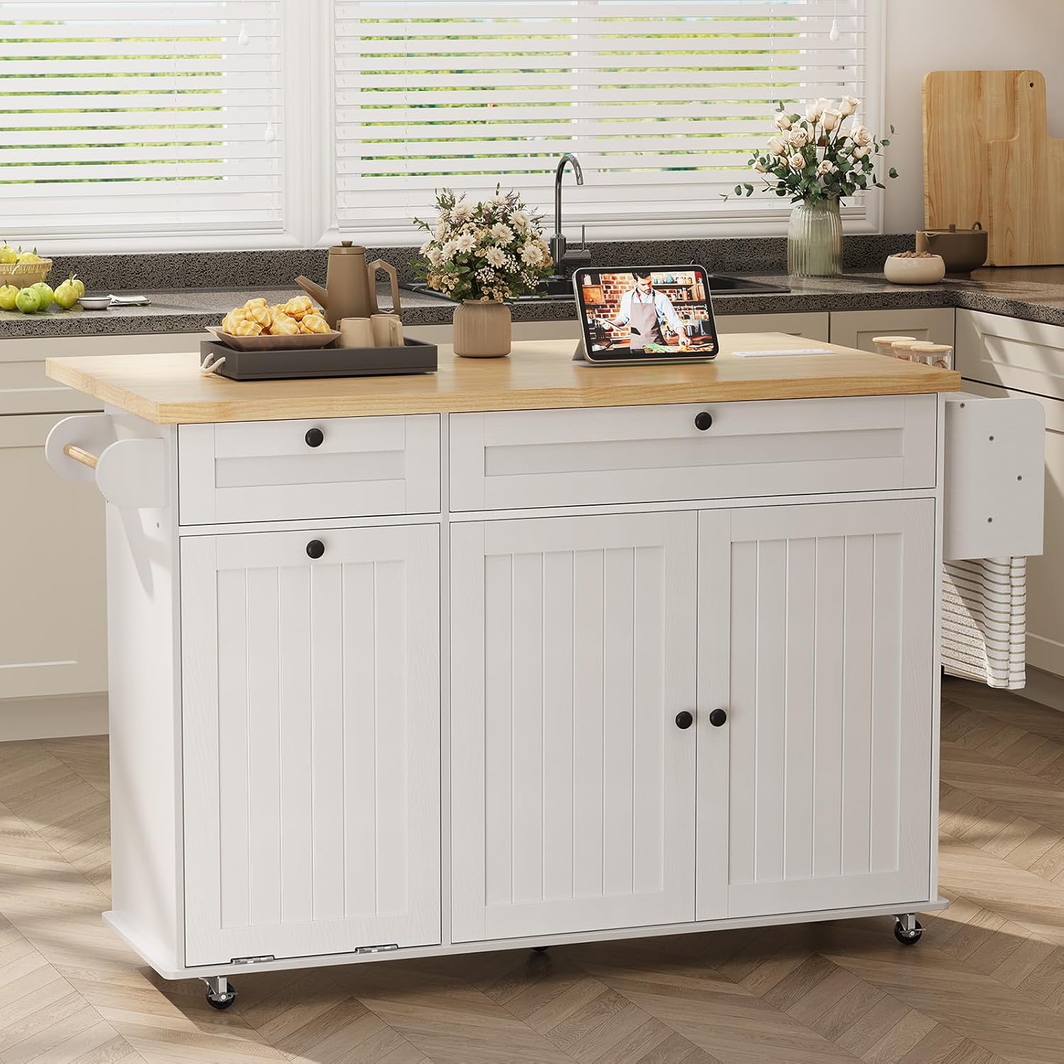 60" Rolling Large Kitchen Island on Wheels with Extendable Table, Drop Leaf & Power Outlet, Mobile Kitchen Cart with Storage Cabinet, 2 Drawers, Spice Rack, Towel & Knife Holder, White