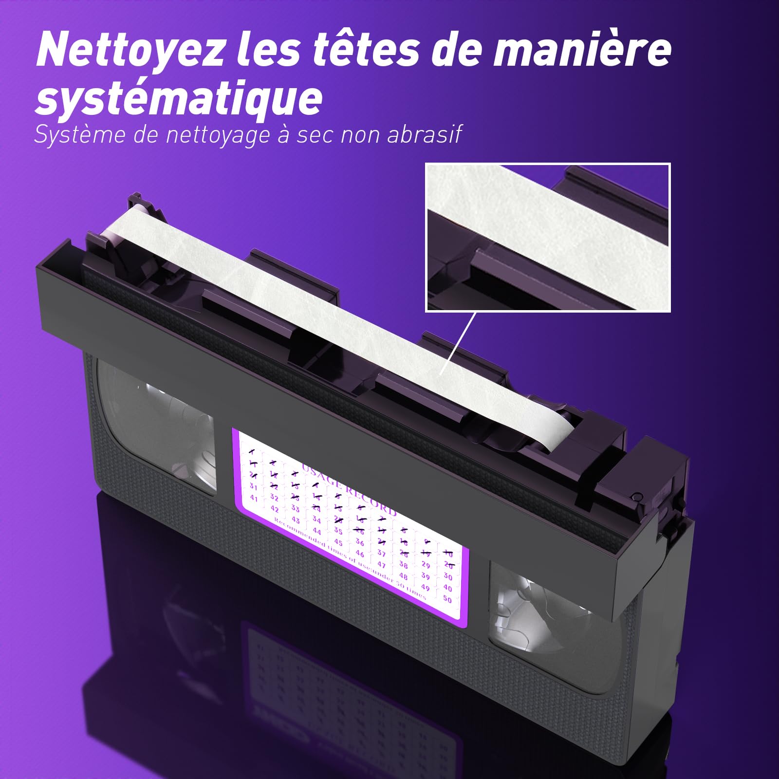 Ruban nettoyant pour tête de magnétoscope VHS/VCR - Réutilisable 50 Fois