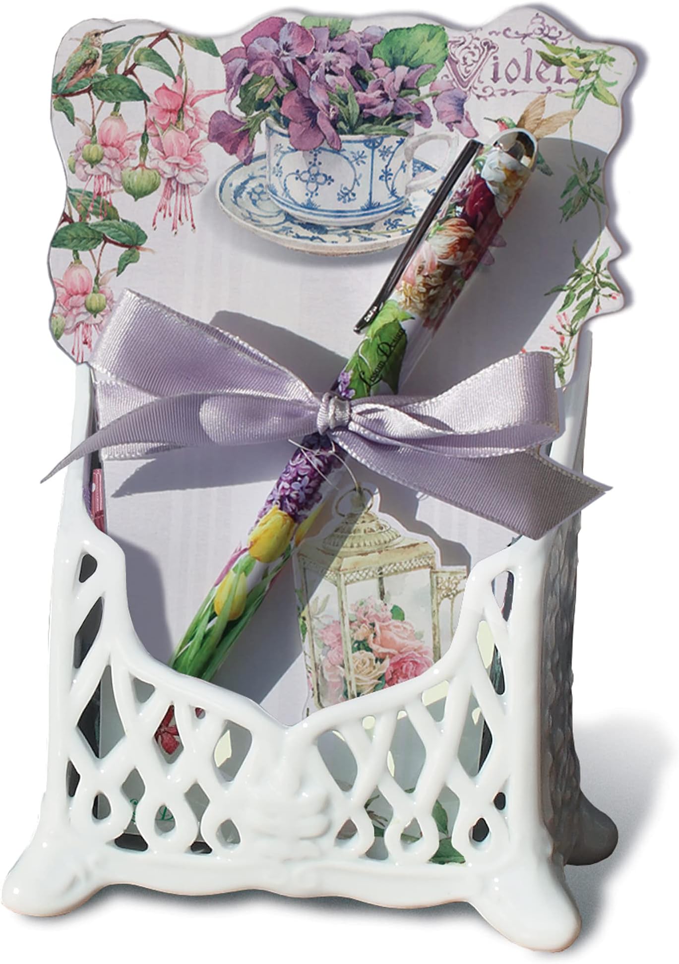 Lissom Design Stationary Set - Designer Notepad and Pen with Beautiful White Lattice Ceramic Desk Organizer, 3-Pieces, Sweet Violets