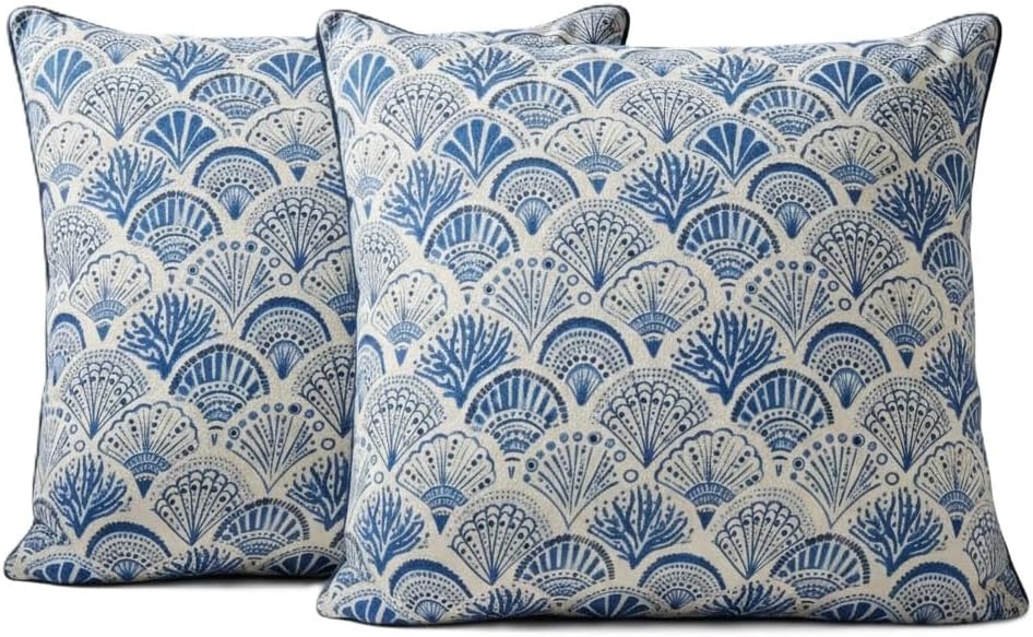 COTSILER 100% Cotton Hand Block Printed Pillow Covers 18x18 Set of 2 - Indigo Blue, Floral Farmhouse Cushion Covers with Hidden Zipper, Boho Decorative Throw Pillowcases for Sofa Couch Bed