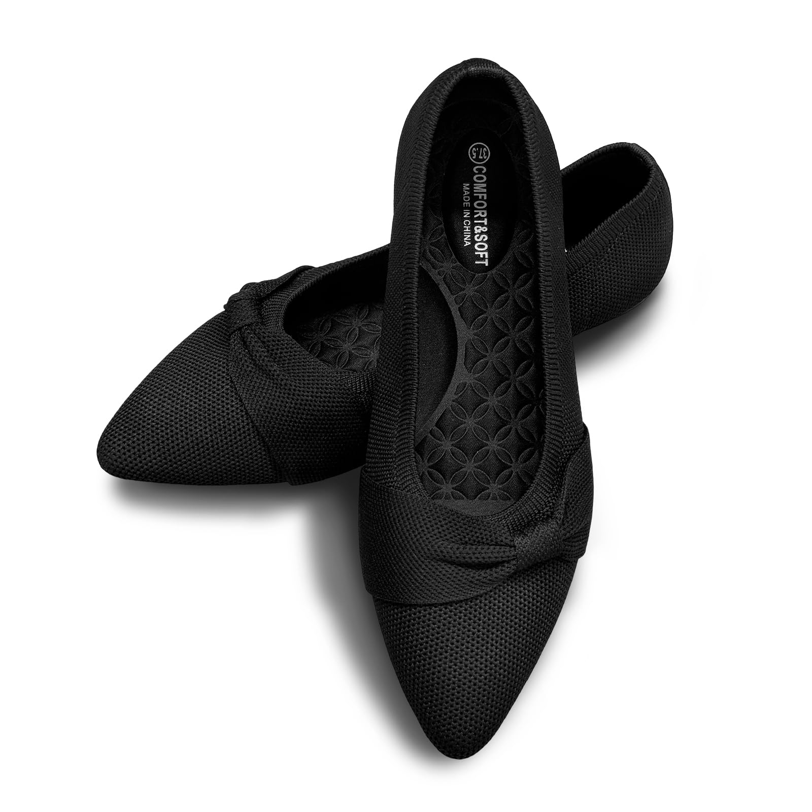 CALEBGAR Damen Ballerinas Spitz zulaufend, Gestrickte Slip-On Slipper mit Schleife, Elegante und superweiche Flache Schuhe für Kleider und Freizeit
