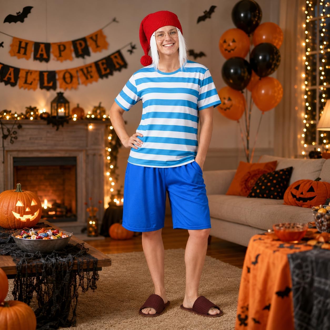 Halloween Adult Boatswain Costume Set Blue Striped Sailor Shirt Shorts Dwarf Beanie Hat Cosplay