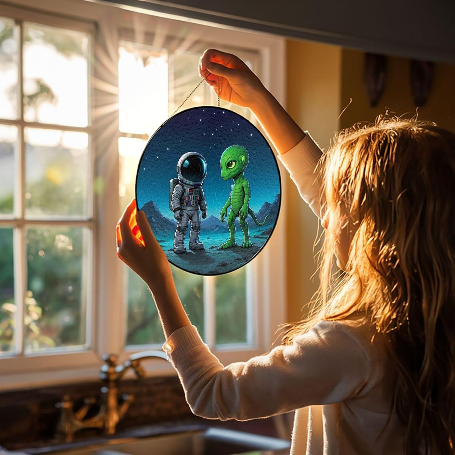 Stained Glass Window Hanging 10in Window Suncatcher Glass Panel with Metal Chain Astronauts and Aliens Sun Catchers Wall Art Home Decor Gift for Women Mother's Day