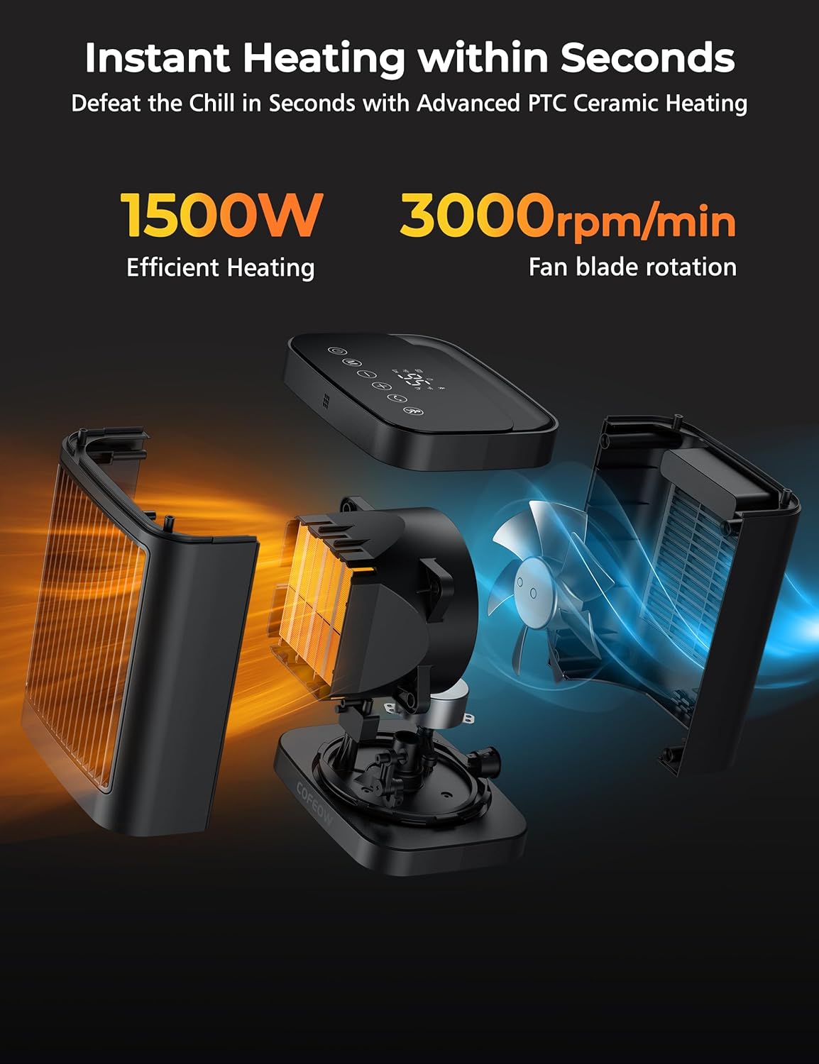 Space Heaters with Motion Sensor,Portable heaters for Indoor Use,Electric Small Heaters for Large Room Bedroom Office Garage Desk,1500W Ceramic Heating with Remote,Oscillating,Timer,Thermostat Dark