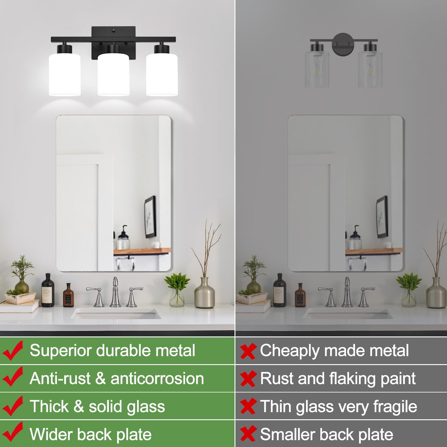 3-light bathroom light fixtures, black vanity lighting fixtures with milky white frosted glass shades, bathroom wall lamp with e26 socket, for mirror, living room, bedroom matte black & milk glass 3-light