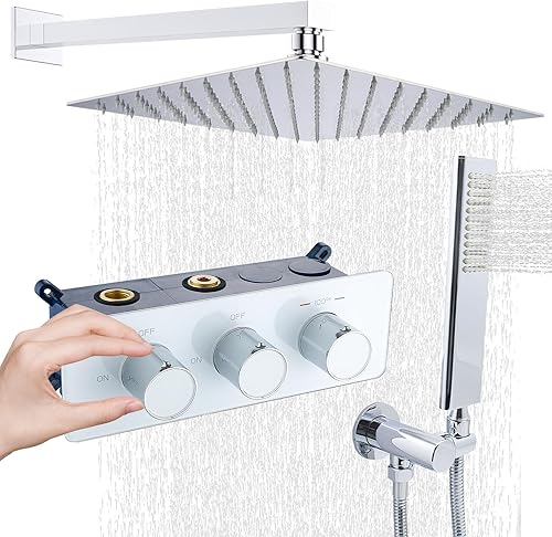 Miniatura 18 de Sistema de ducha de lluvia de cuerpo completo de 12 pulgadas, montaje en el techo, sistema de grifo de ducha de doble función, con cabezal de ducha