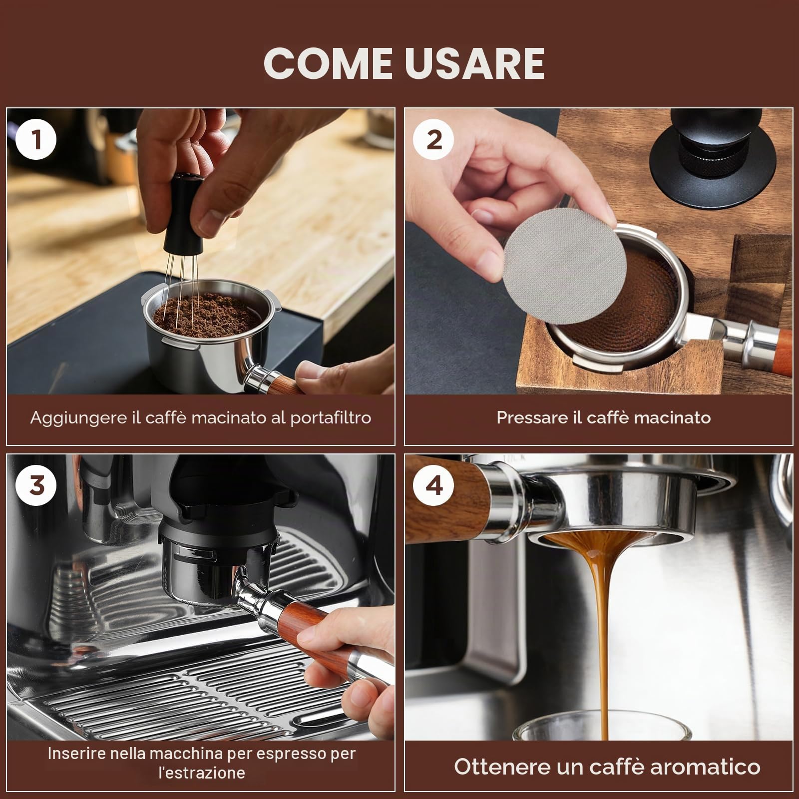 Romon Filtro Delonghi Macchina Caffè, Portafiltro 51mm con Manico in Noyer, Compatibile con Modelli Delonghi EC680/EC685/EC885/EC890, 3 Orecchie