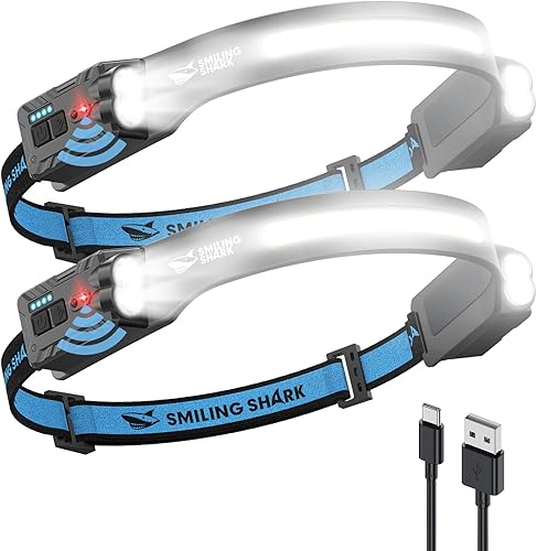 Smiling Shark TD-0123-S - Linterna frontal ultrabrillante de 2400 mAh, recargable con sensor de movimiento manos libres, lámpara LED multimodo con