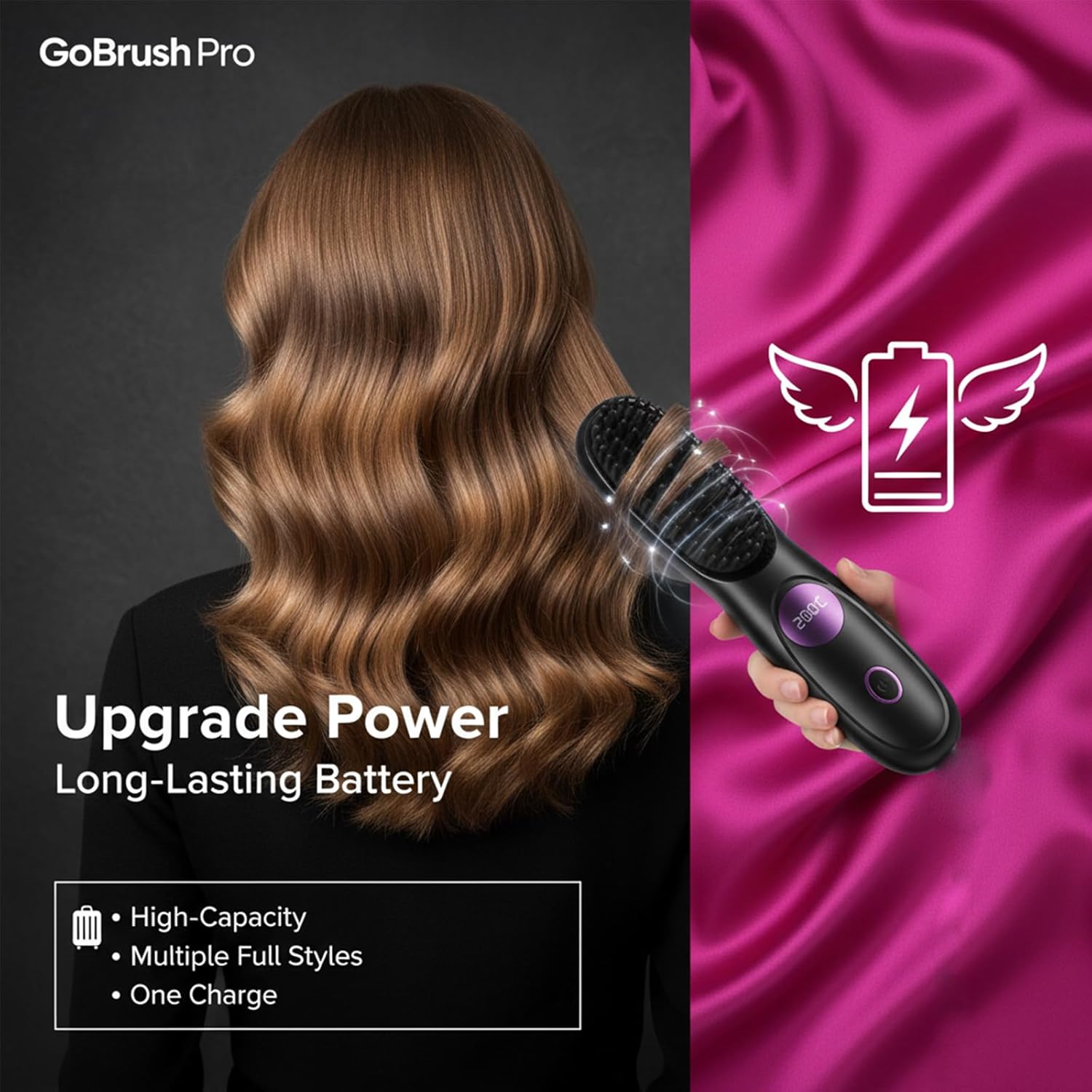 Go Brush Pro, Gobrush Pro Portable Straightener Brush, Cordless Hair Straightener Brush for Short Hair, 3 Adjustable Temperature, LED Display, Upgraded Fast Heating Hairs Comb for Women Travel (Pink)