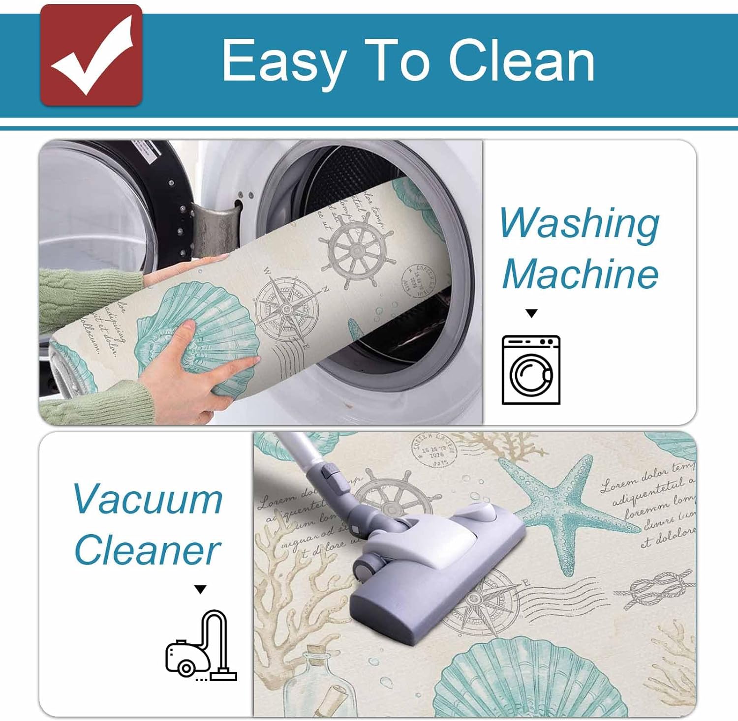 Retro Ocean Kitchen Mat Set 2 Pieces Nautical Coastal Turquoise Seashells Starfish Coral Compass Non Slip Kitchen Rugs Washable Runner Mats for Floor Sink Laundry Office 23.6" x 35.4"+23.6" x 70.9"