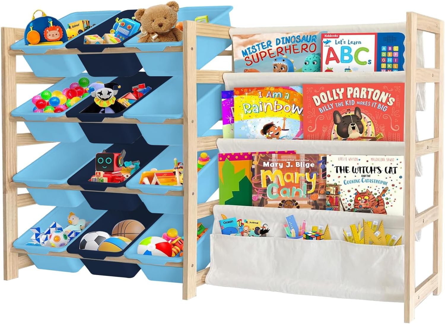 Toy Storage Organizer with Bookshelf - 12 Storage Bins 4-Tier Multipurpose Shelf to Organize Toys and Books for Kids Room, Playroom, Nursery Room, Blue