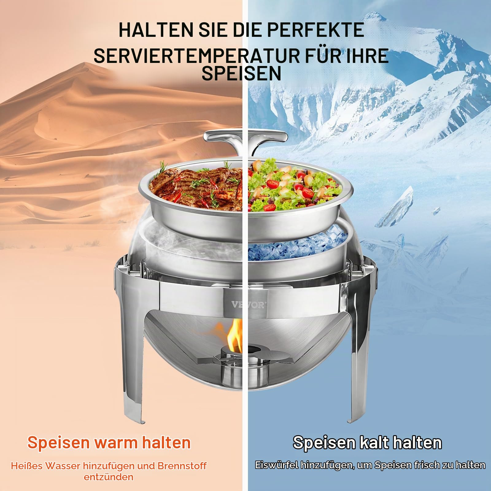 VEVOR 2-teiliger Speisenwärmer Wärmebehälter Chafing-Dish-Set Rolldeckel 5,5 L x 2, Rund Edelstahl Wärmebehälter Buffet Set inkl. Kraftstoffhalter & Esszange, für Restaurants, Buffets, Schulen usw.