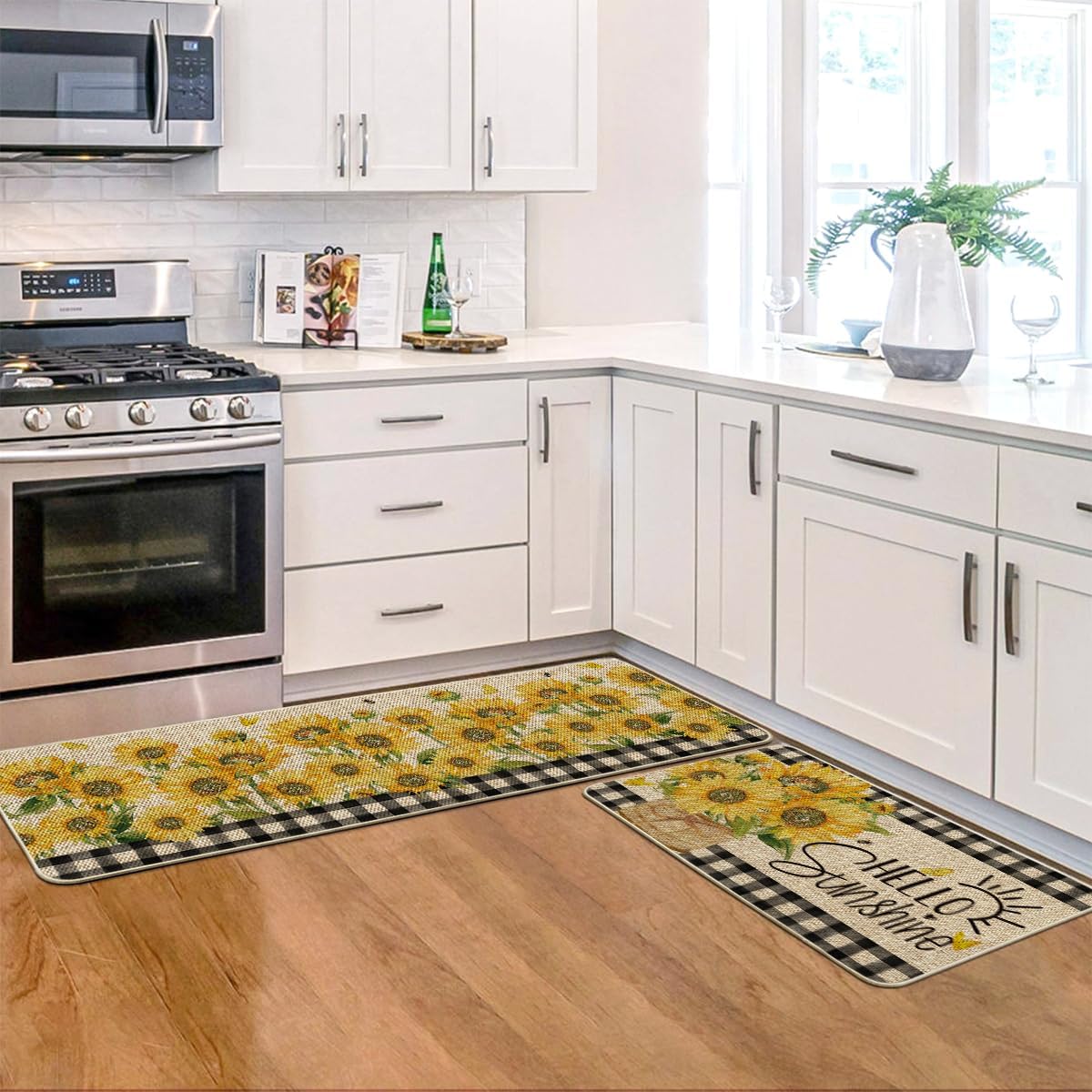 Artoid Mode Buffalo Plaid Sunflower Summer Kitchen Mats Set of 2, Hello Sunshine Spring Home Decor Low-Profile Kitchen Rugs for Floor - 17x29 and 17x47 Inch