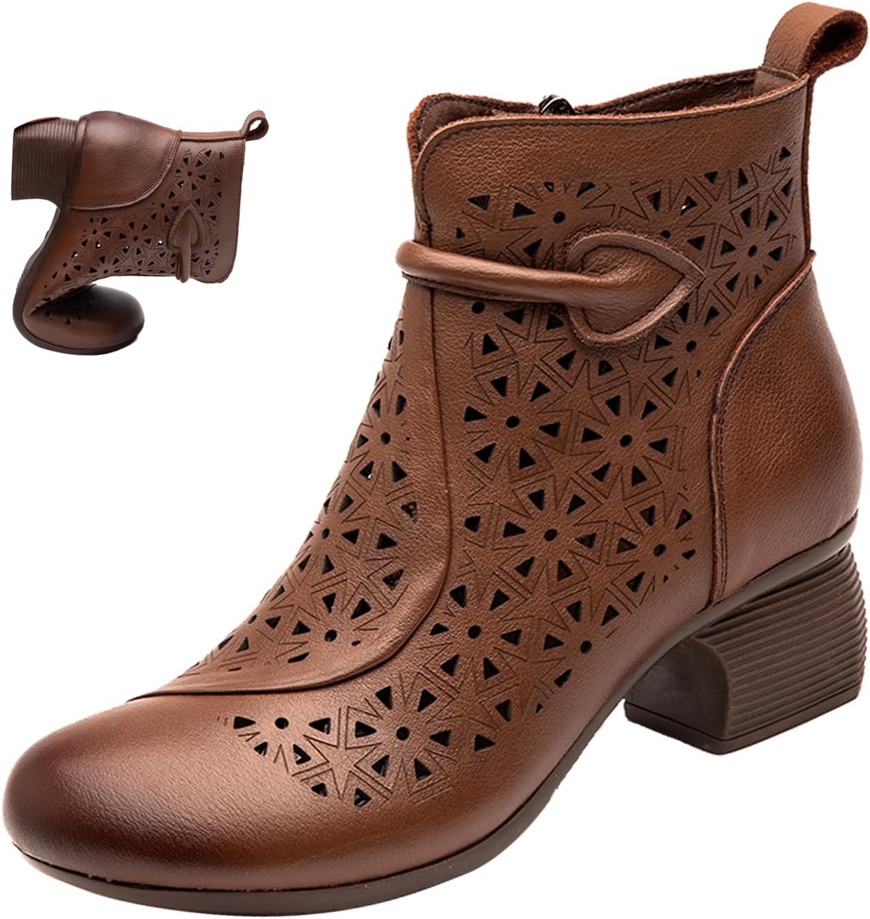 MOYOWEI Women's Leather Cutout Casual Dress Ankle Boots,Summer Comfort Chunky Block Stacked Heel Softsole Zip Short Booties