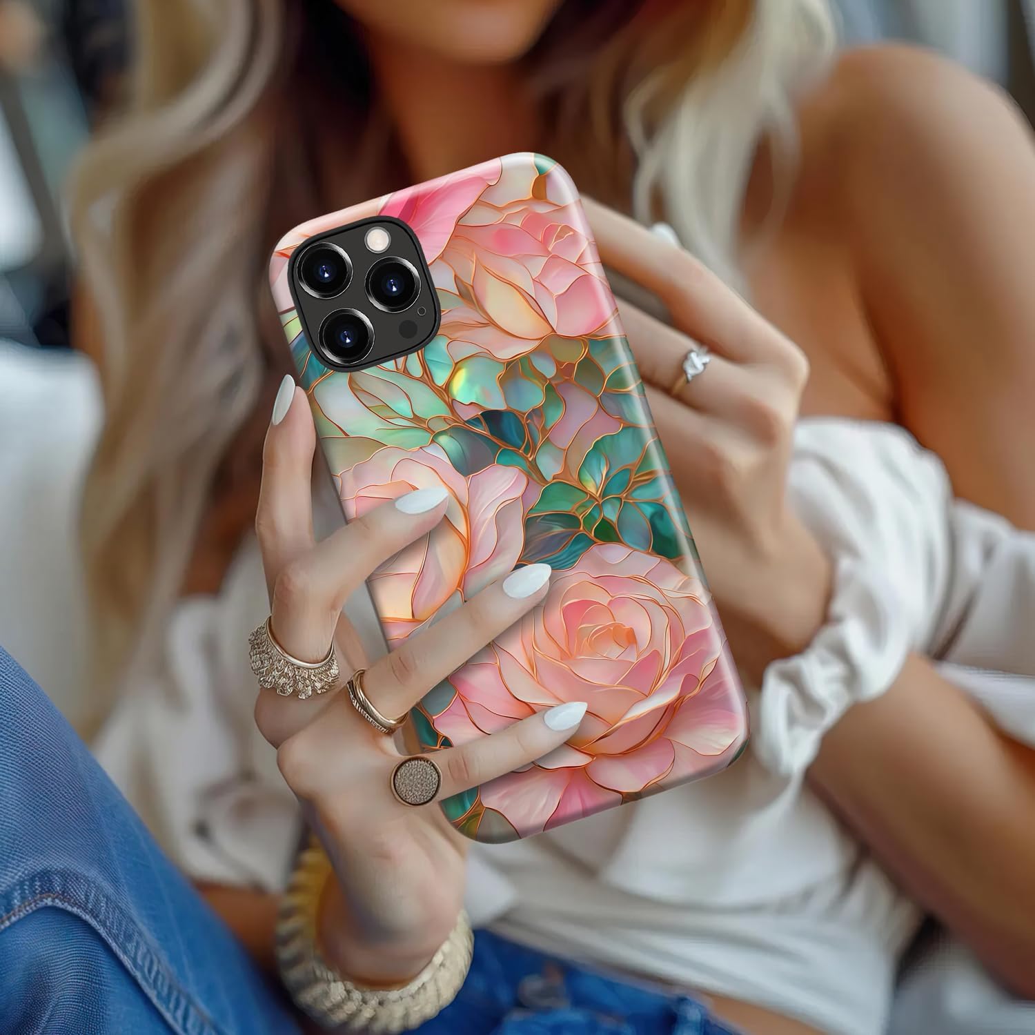 for iPhone 12 Pro Max Case Cute - Wireless Charging Compatible - Dual-Layer Hard Shell + Silicone Cover - Aesthetic Protective Trendy Phone Case for Women - Blooming Pink Rose - Image 6