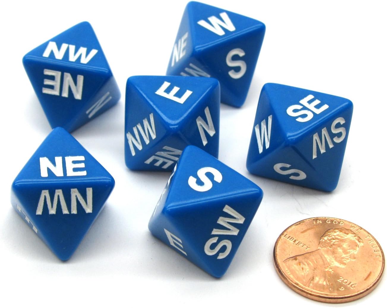 Koplow Games Set of 6 Compass Cardinal Direction 8 Sided Dice - Blue with White Letters