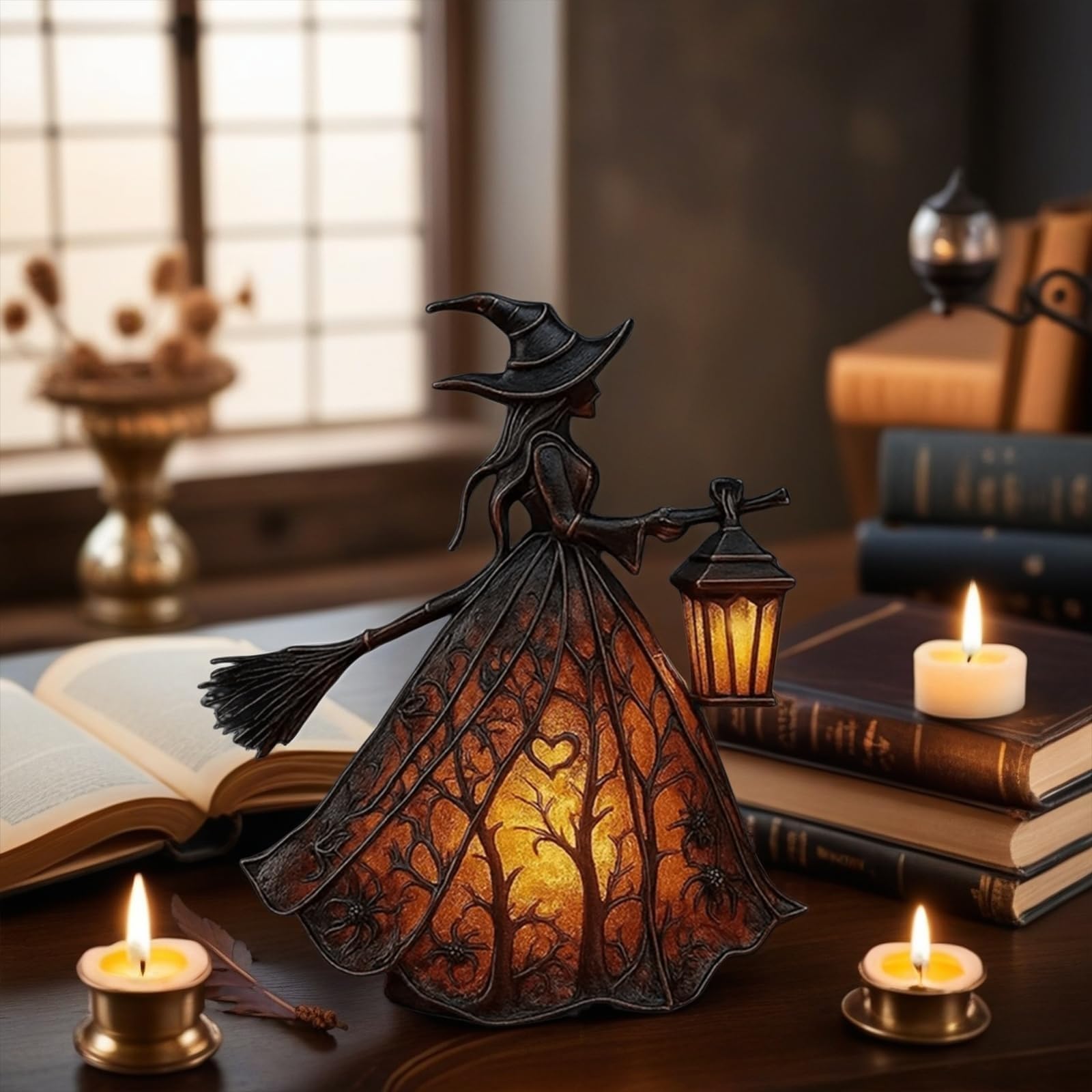Halloween Witch Lamp – 2-Pack Gothic Spooky Witch Figurine Holding Lantern, Unique Tabletop Night Light For Porch, Home, Party Decor & Gift