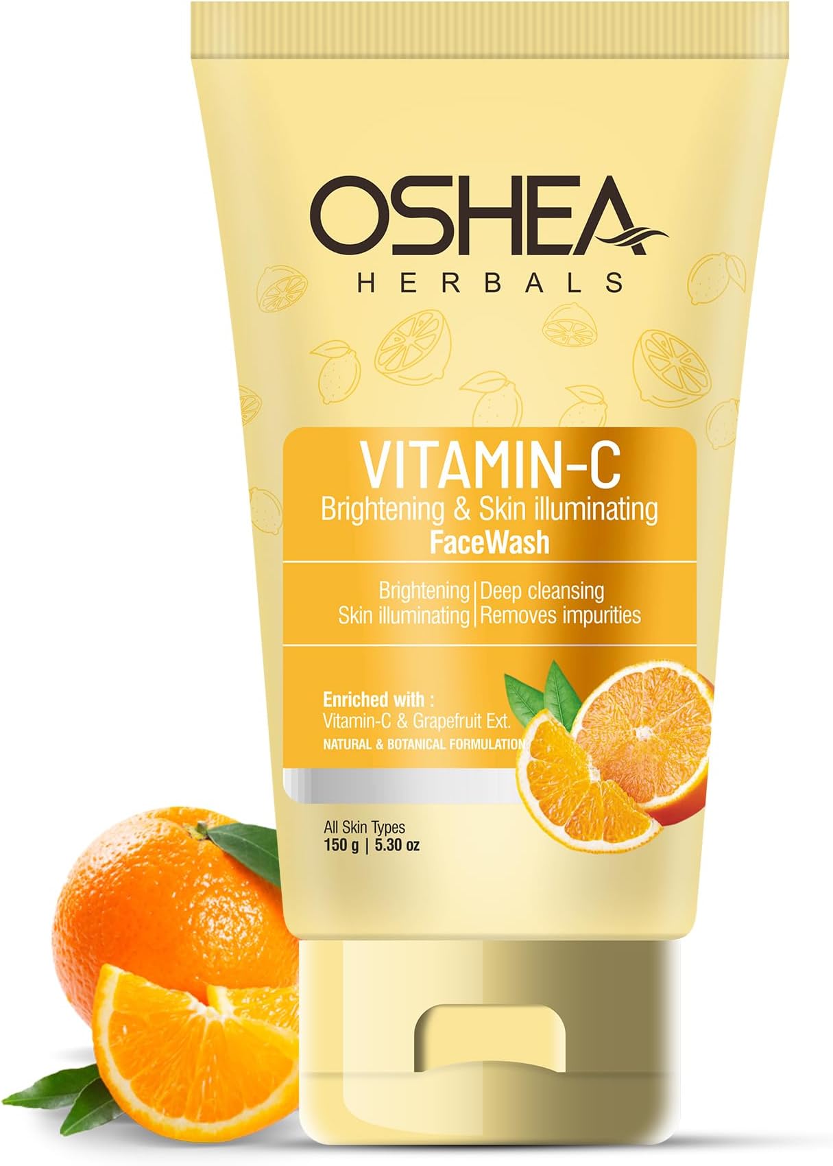 Oshea Herbals Vitamin C Brightening Facewash for Women & Men | Deep Cleansing with Radiant Glow | Reduces Dark Spots & Blemishes | Enriched with Grape Fruit Extracts | All Skin Types - 150g