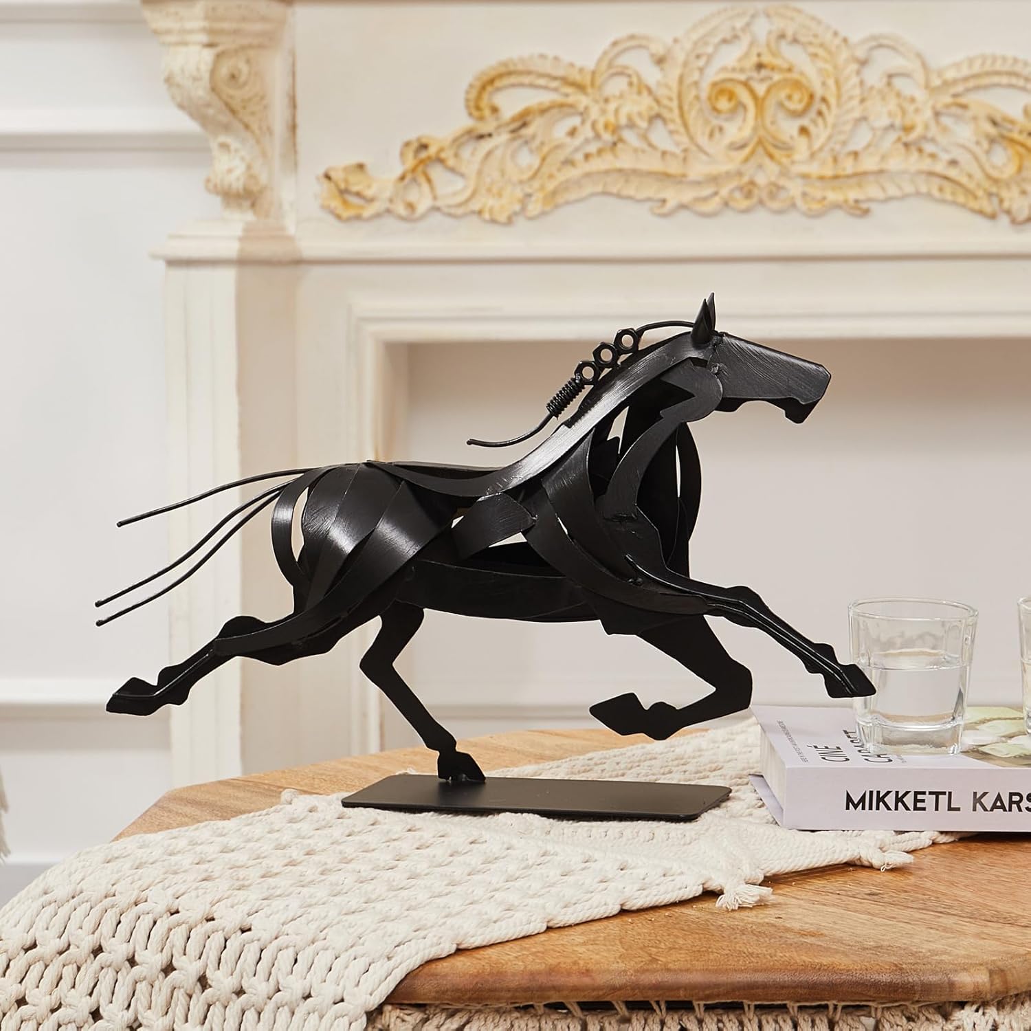 Running Horse Statue Sculpture, Unique Rustic Handmade Animal Statue Art, Metal Figurines for Home Decor, Horse Gifts for Women Men (Black)