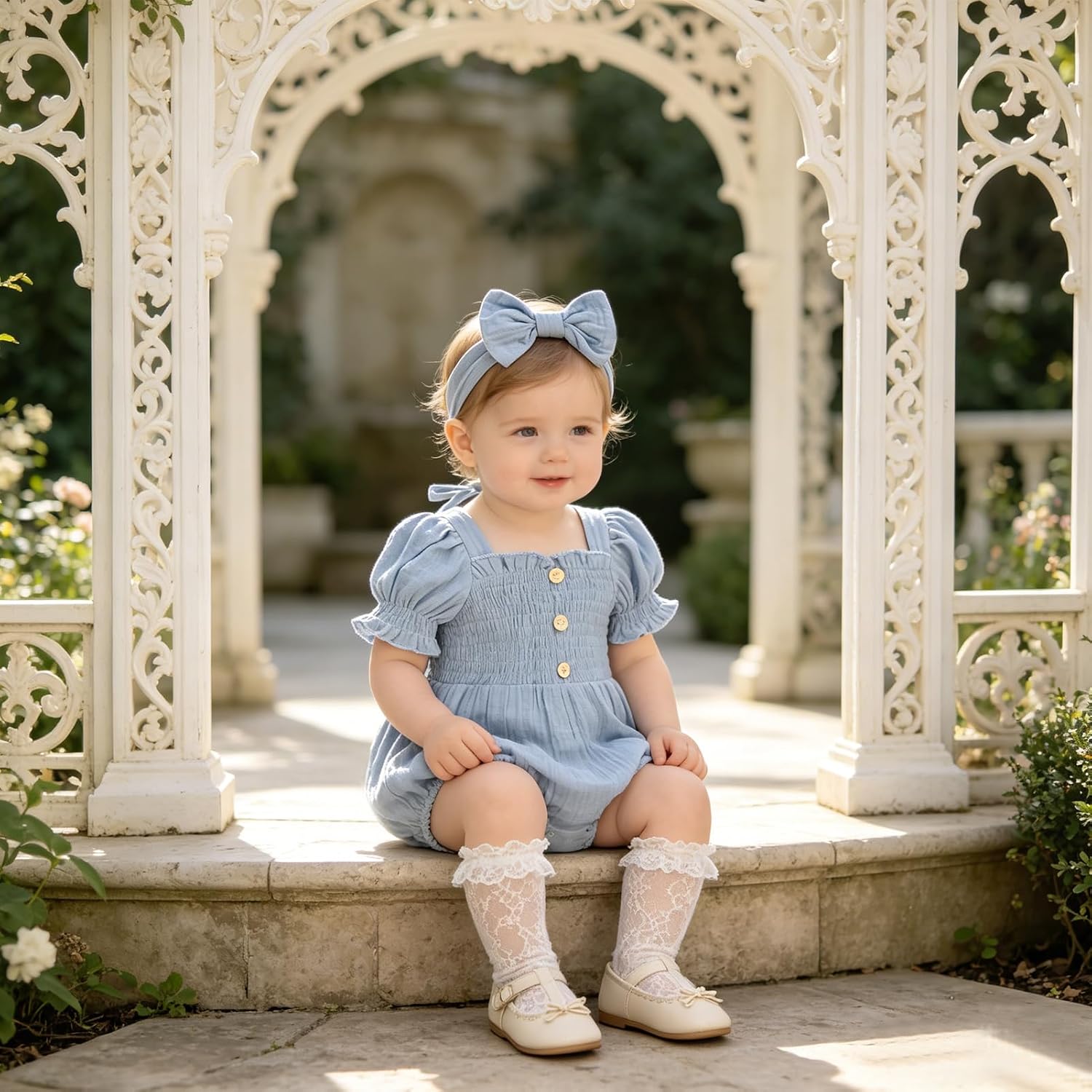 Baby Girl Romper Newborn Puff Sleeve Smocked Outfit with Headband for Infants Soft Cotton Photo Shoot