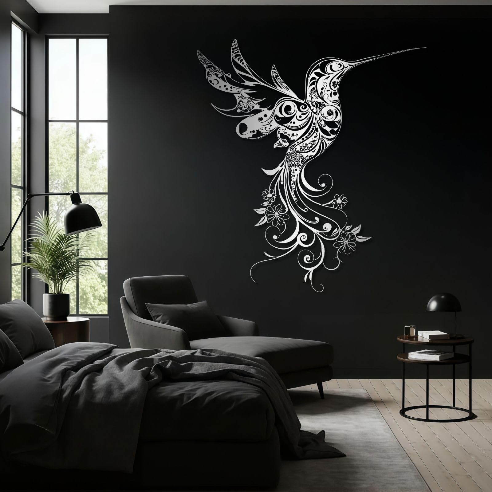 Colibri en métal argenté pour mur extérieur ou salon bohème et chic