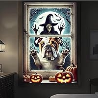 Vista 5 de Decoración de ventana de Halloween de 31 x 47 pulgadas, cubierta de ventana de Halloween espeluznante Bulldogs esqueleto, pancarta espeluznante