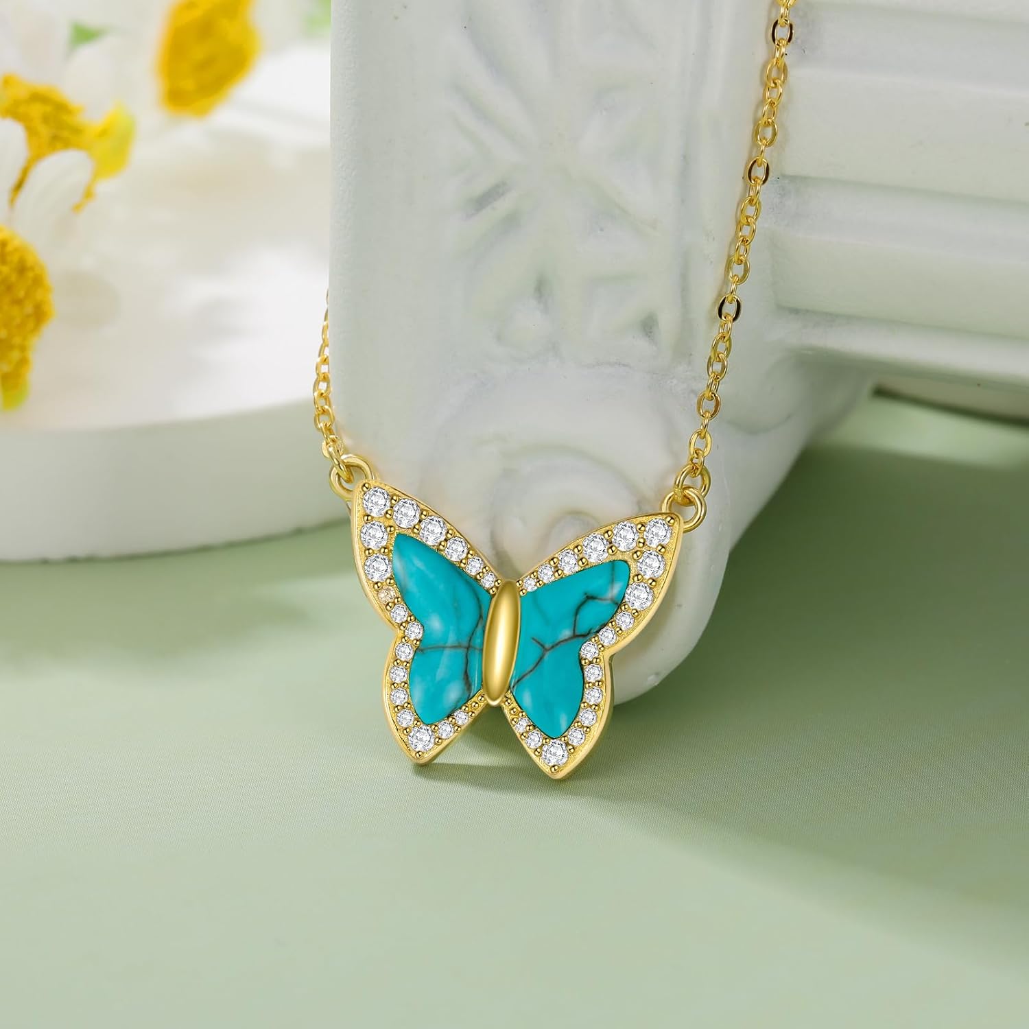 Turquoise Butterfly Necklace for Women 925 Sterling Silver Butterfly Pendant Necklace 18K Gold Plated Butterfly Jewelry Gift for Wife Girlfriend Mom - Image 2