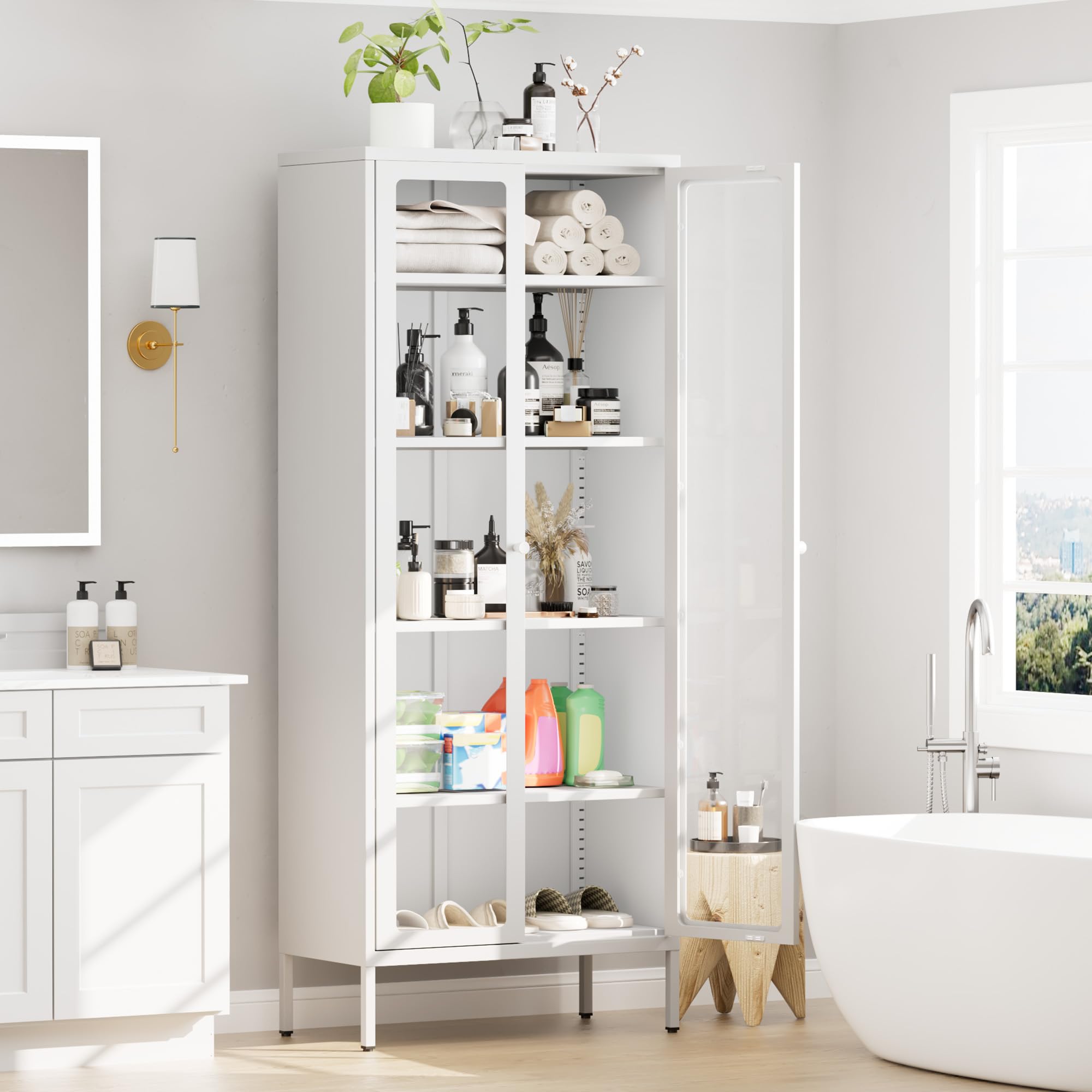 Greenvelly Metal Glass Display Cabinet,White 67.3" H Curio Cabinet with Glass Doors and Shelves,Tall Steel Cabinet Collectibles Display Case for Home