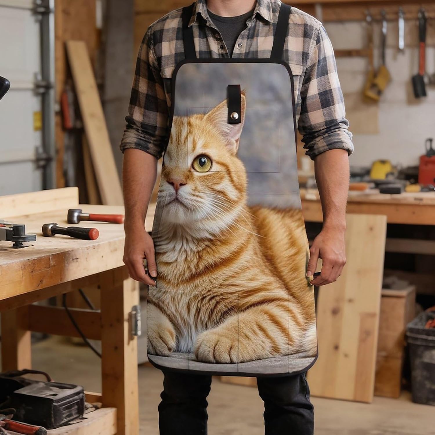 Cute Cat Work Apron for Men Women Tool Apron with Pockets Large Workshop Bib Aprons Adjustable Cross Back Ideal for Woodworking Carpenter Kitchen BBQ Gardening image 5