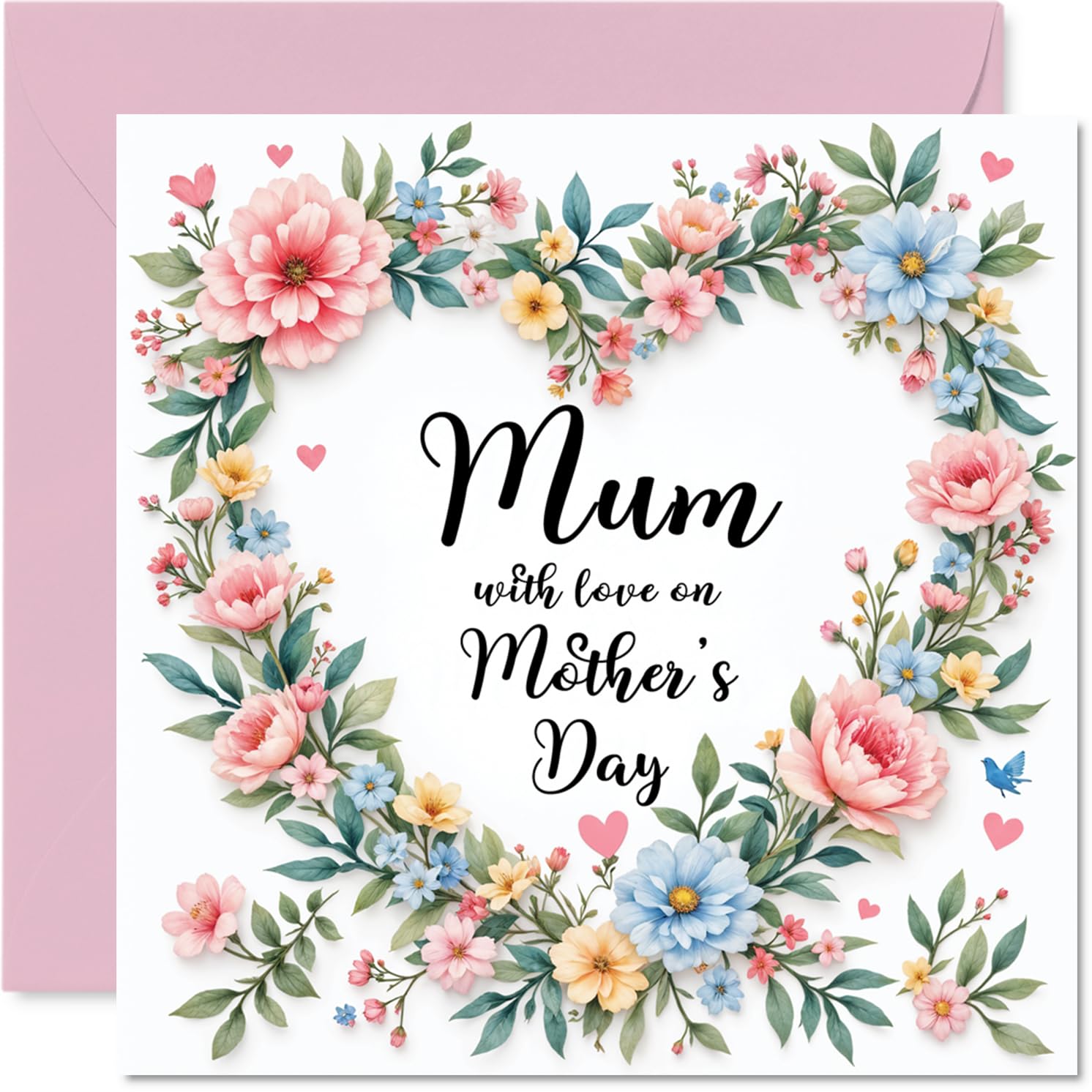 Mum Mothers Day Card - Flower Heart Wreath - Happy Mothers Day Card for Mum from Son Daughter, 145mm Flower Heart Wreath Bday Greeting Cards