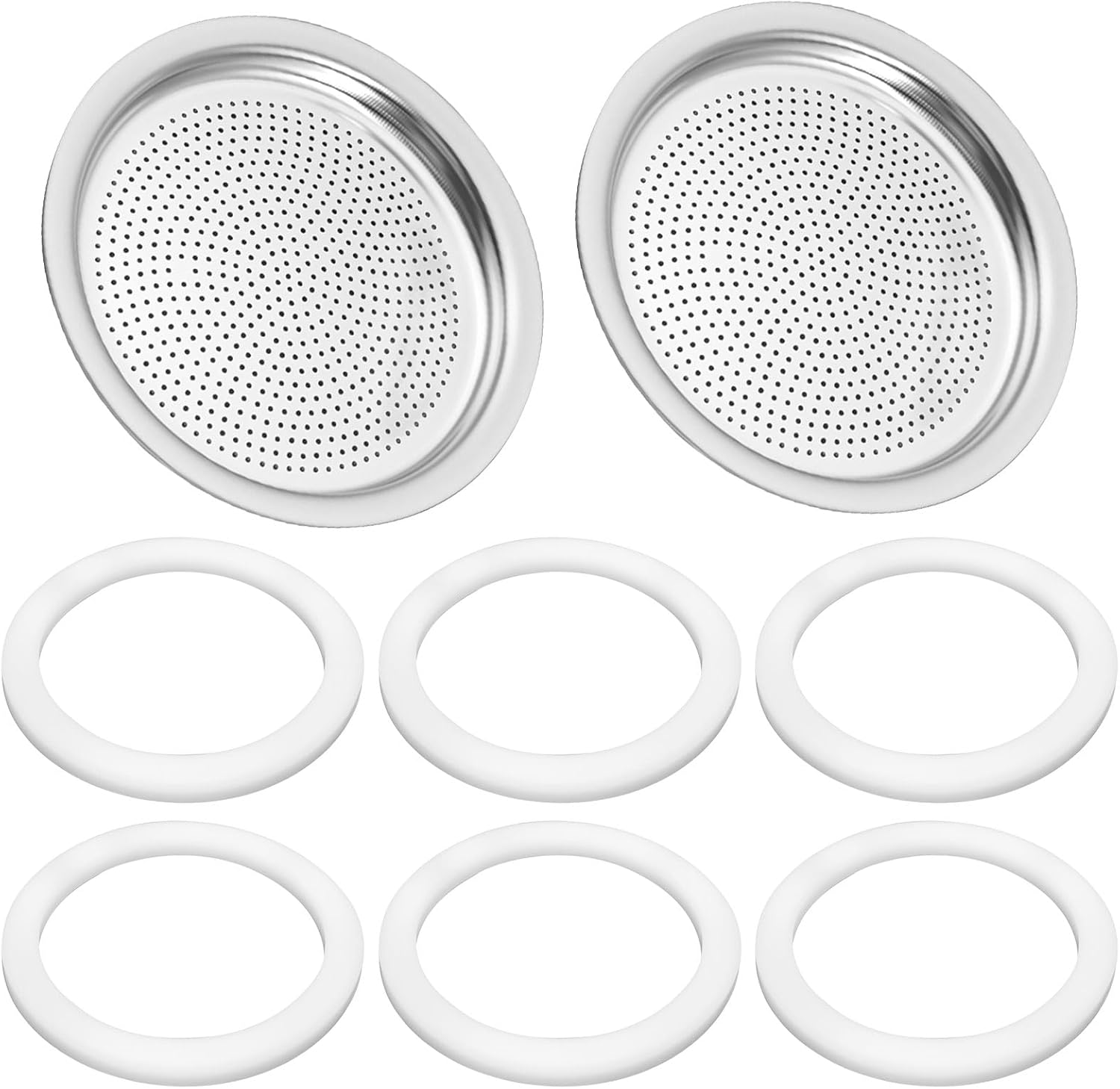 Moka Pot Replacement Gasket and Filter, 6 Gasket + 2 Filter Compatible with Bialetti 3/4 Cups Moka Express, Fiammetta, Break, Happy, Dama, Moka Melody, Alpina, Moka Timer and Rainbow Espresso Makers