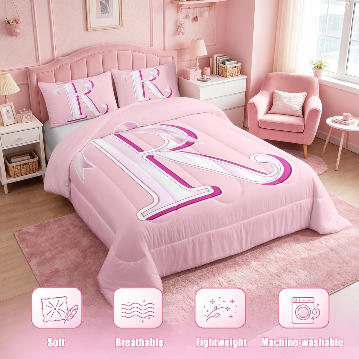 jejeloiu Pink Bow Bedding Set Full Size Teen Girl Gifts Monogrammed image 3