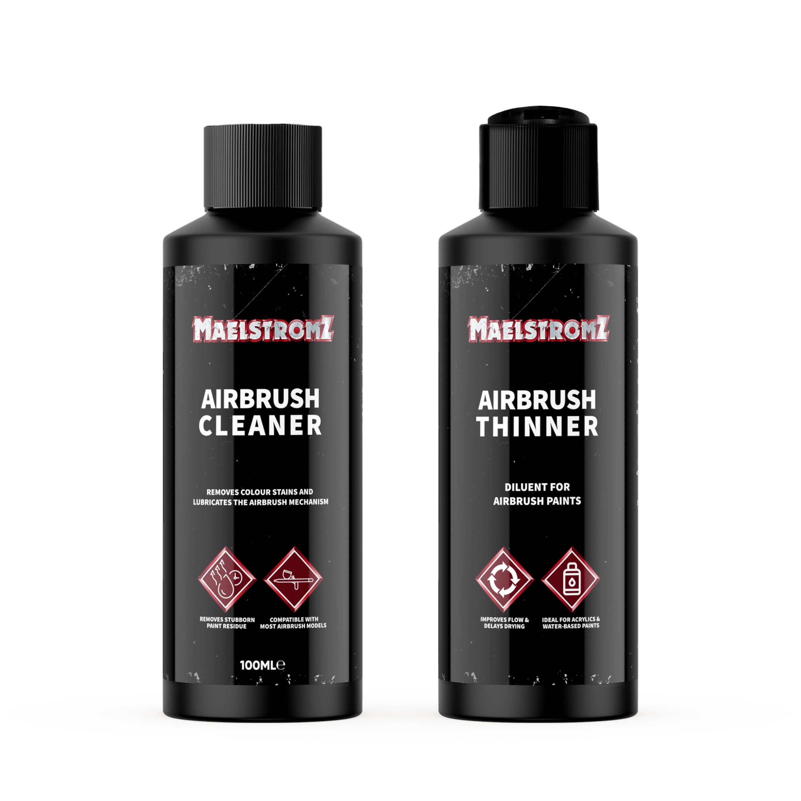 Maelstromz - Airbrush Cleaner & Thinner Duo Pack | Acrylic Paint Cleaning & Flow Improver Solution for Airbrushing and Restoration, Model Building - 2x 100ml
